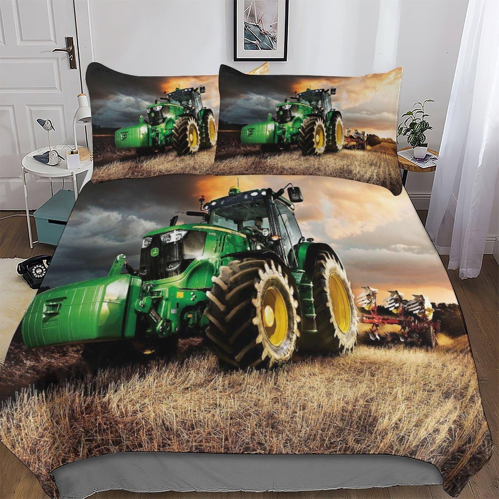 Pazzk Women's Tractor-2 Tractor Duvet Cover 2Pcs, 3D Bedding Sets With Zipper Closure, Microfiber Polyester Quilt Cover With Pillowcase, For Adult Girls Boys Cotton Comforter Cover Single (135X200cm)