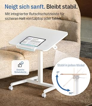 MAIDeSITe Fit Pro Standing Desk Height Adjustable 76-110 cm Mobile Desk with Wheels Pneumatic Laptop Table with Folding Table Top Side Table for Home Office