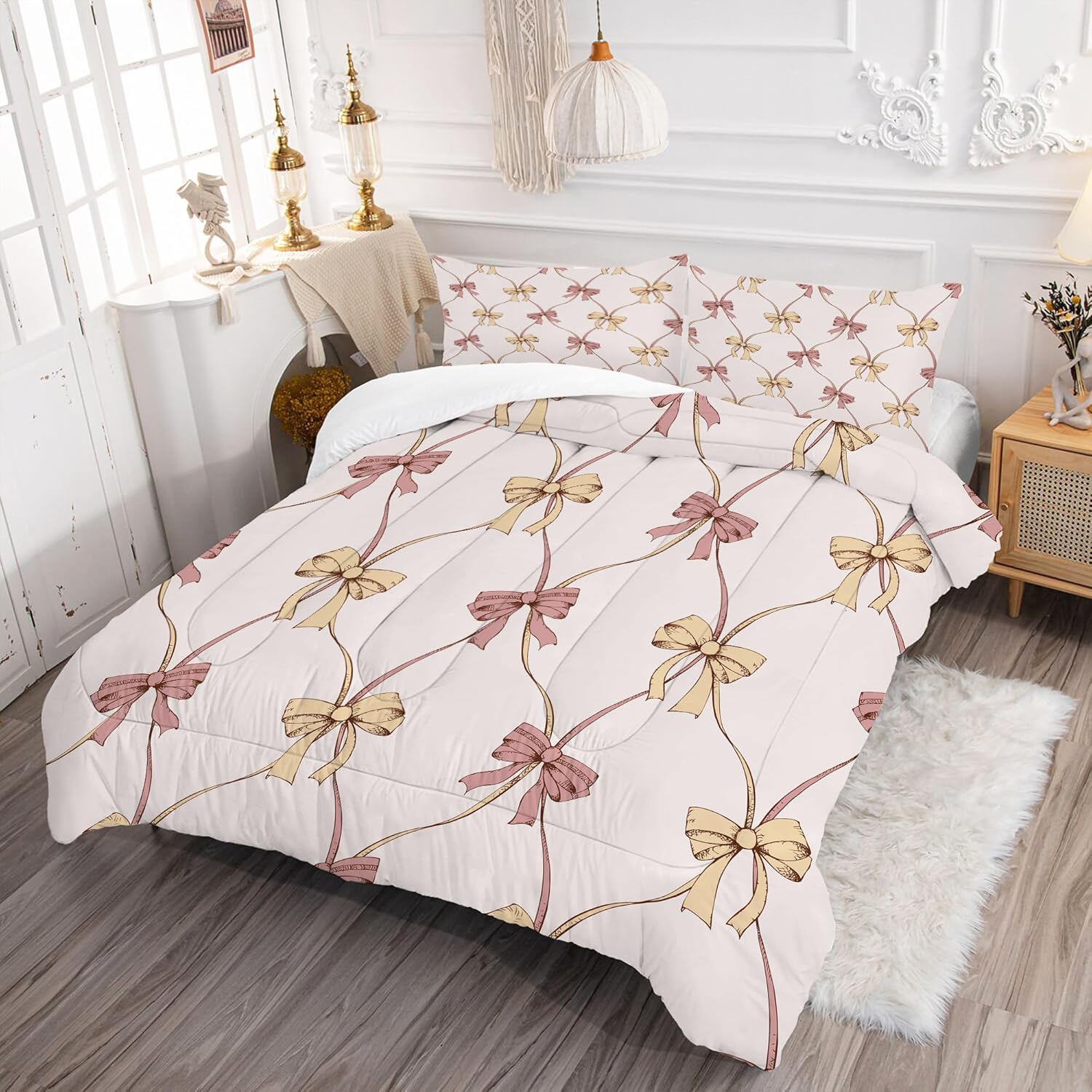 Pink and Beige Bows Comforter Set Queen Size Coquette Ribbon Bedding Set Grid Bowknot Soft Microfiber Quilt Bed Sets for Teen Girls Women Adults Bedroom Dorm Decor, 3 Piece