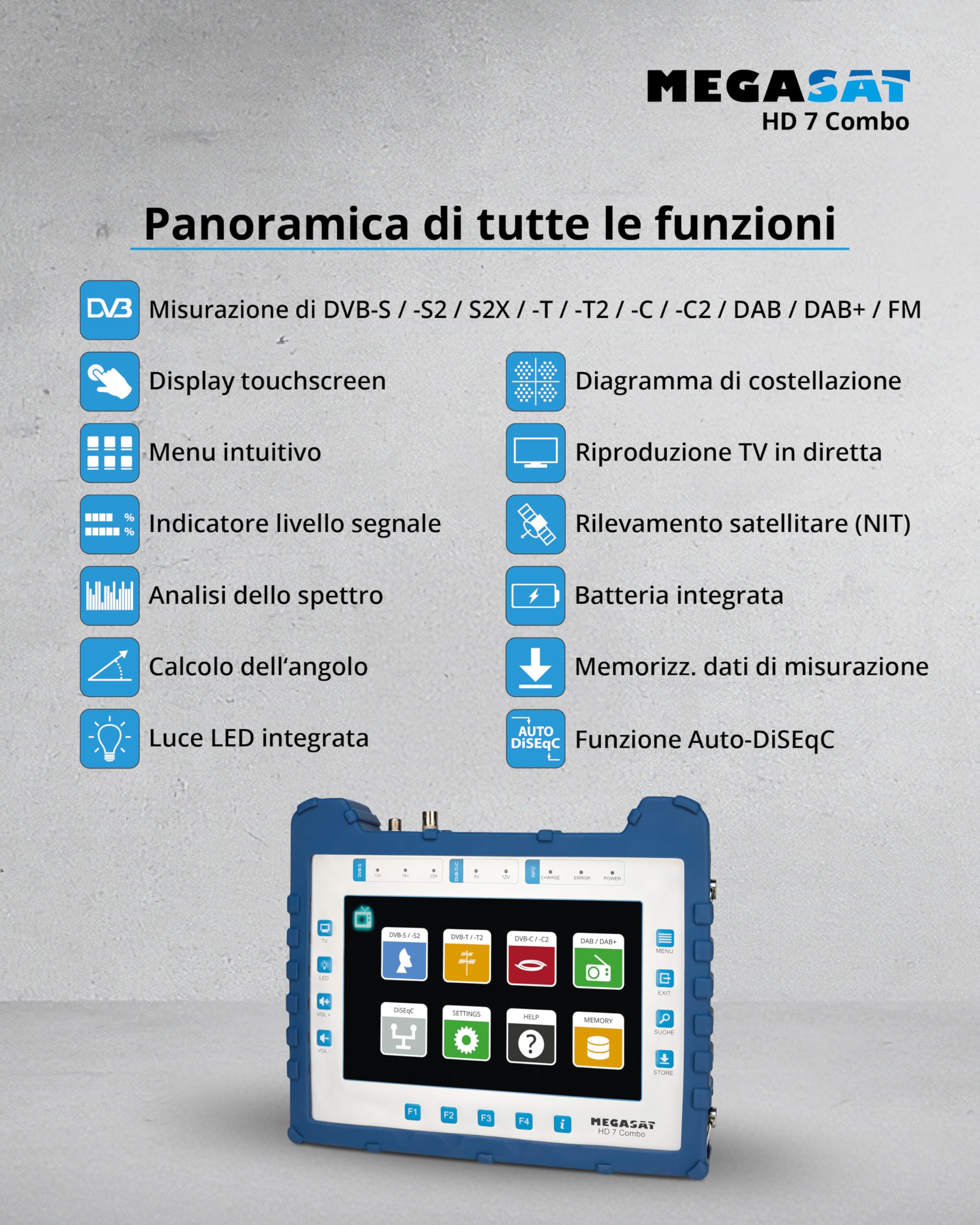Megasat HD 7 Combo – Misuratore (per DVB-S, DVB-S2, DVB-T, DVB-T2, DVB-C, DAB+, Live-TV Bild, Unicable, display a colori da 8,9", batteria, lampada)