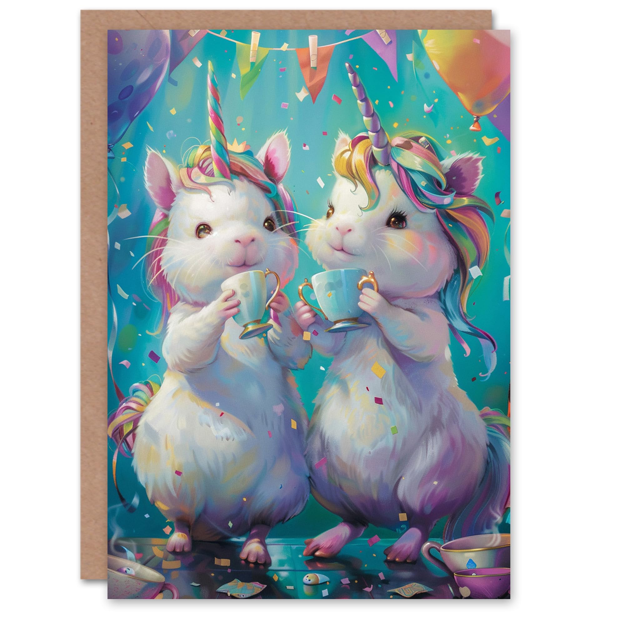 Artery8 Birthday Card Hamster Rainbow Unicorn Tea Party Cartoon Cute For Child Kids Son Daughter Greeting Card