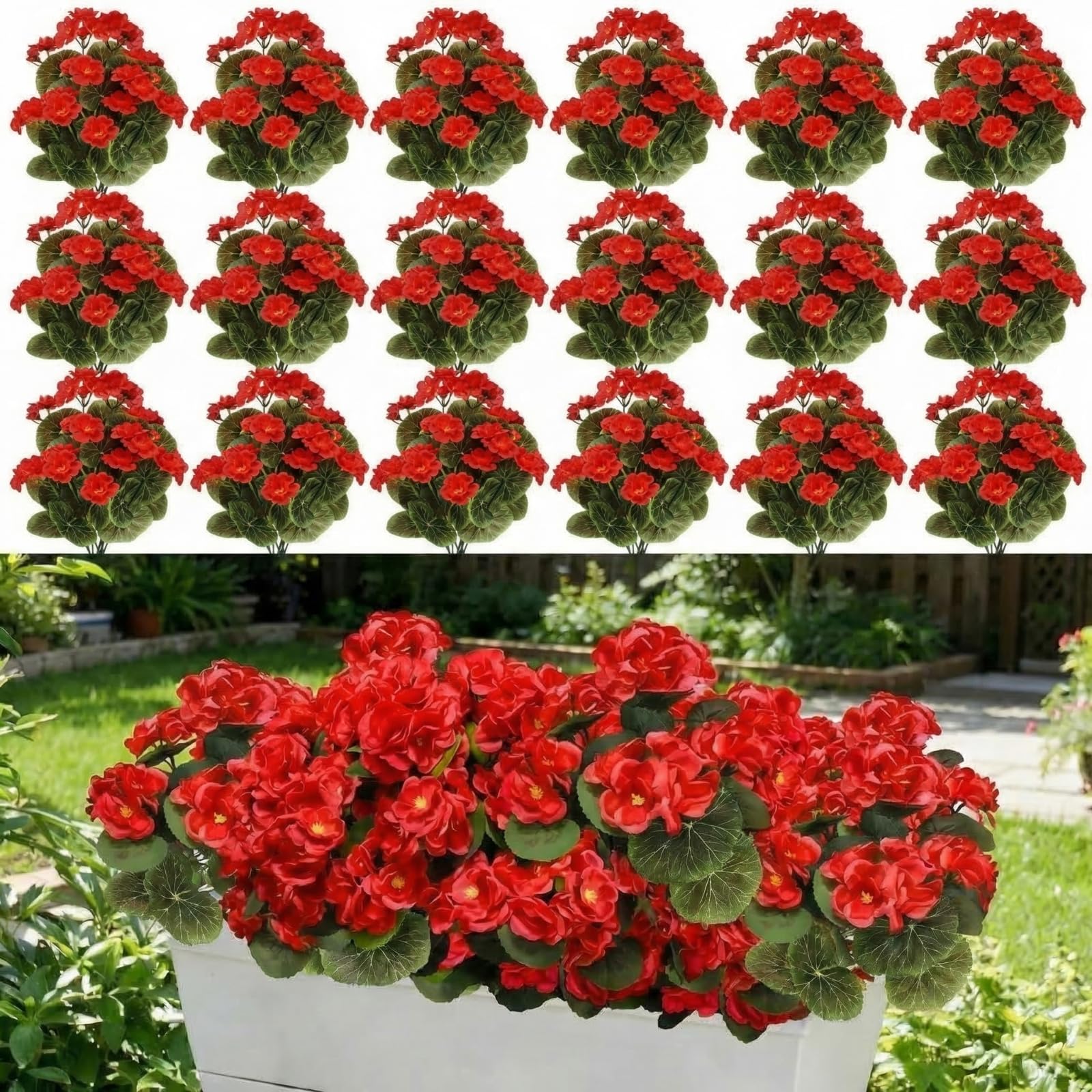 Thiccywoov 18 Pcs 14'' Artificial Geranium Flowers Outdoor UV Resistant Realistic Geranium Faux Silk Flowers Fake Plants for Front Door Planter Pot