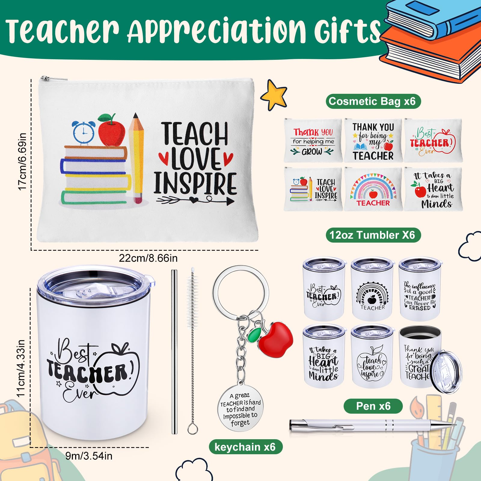 Patelai Juego de 30 piezas de regalo de agradecimiento para profesores, vasos con tapas, pajitas, pinceles, llaveros, bolsa con cremallera, bolígrafo, blocs de notas de agradecimiento para el regreso