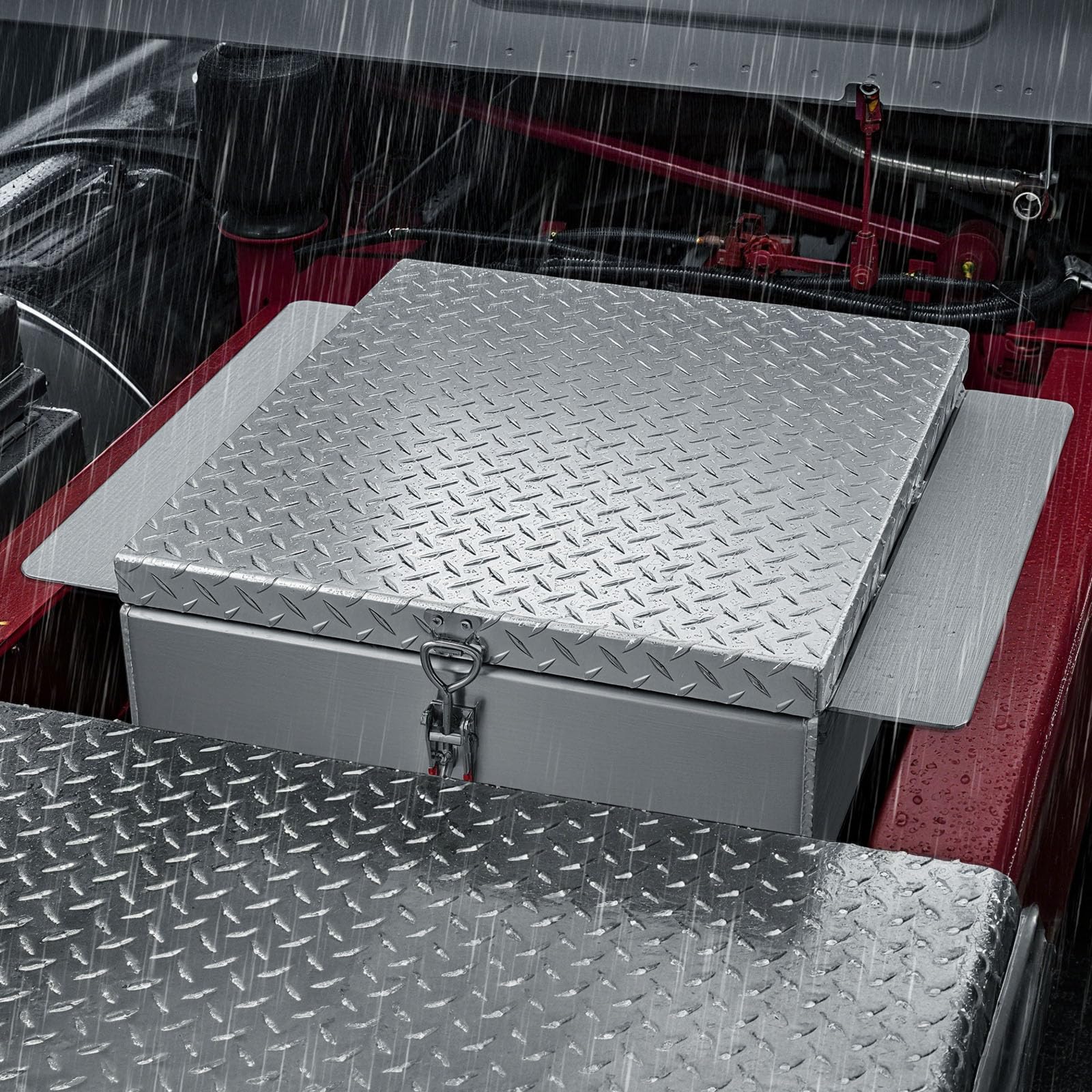 VEVOR Caja de Herramientas para Caja de Camioneta, de Aluminio, con Placa de Diamante, Soporta hasta 100 kg, Ideal para Camioneta, RV, Remolque, 770 x 610 x 310 mm, Carga Máxima 100 kg, Plata