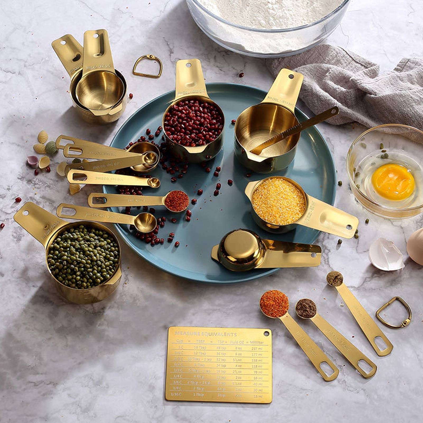 18PCS Messbecher Set, Messbecher Edelstahl Gold Kaffeelöffel Cup Set Backwaage Löffel Spülmaschinenfest Messlöffel Set