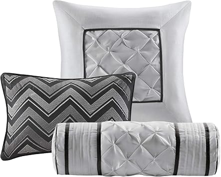 Madison Park Laurel Queen Size Bed Comforter Set Bed In A Bag - Black , Wrinkle Tufted Pleated 7 Pieces Bedding Sets Faux Silk Bedroom Comforters