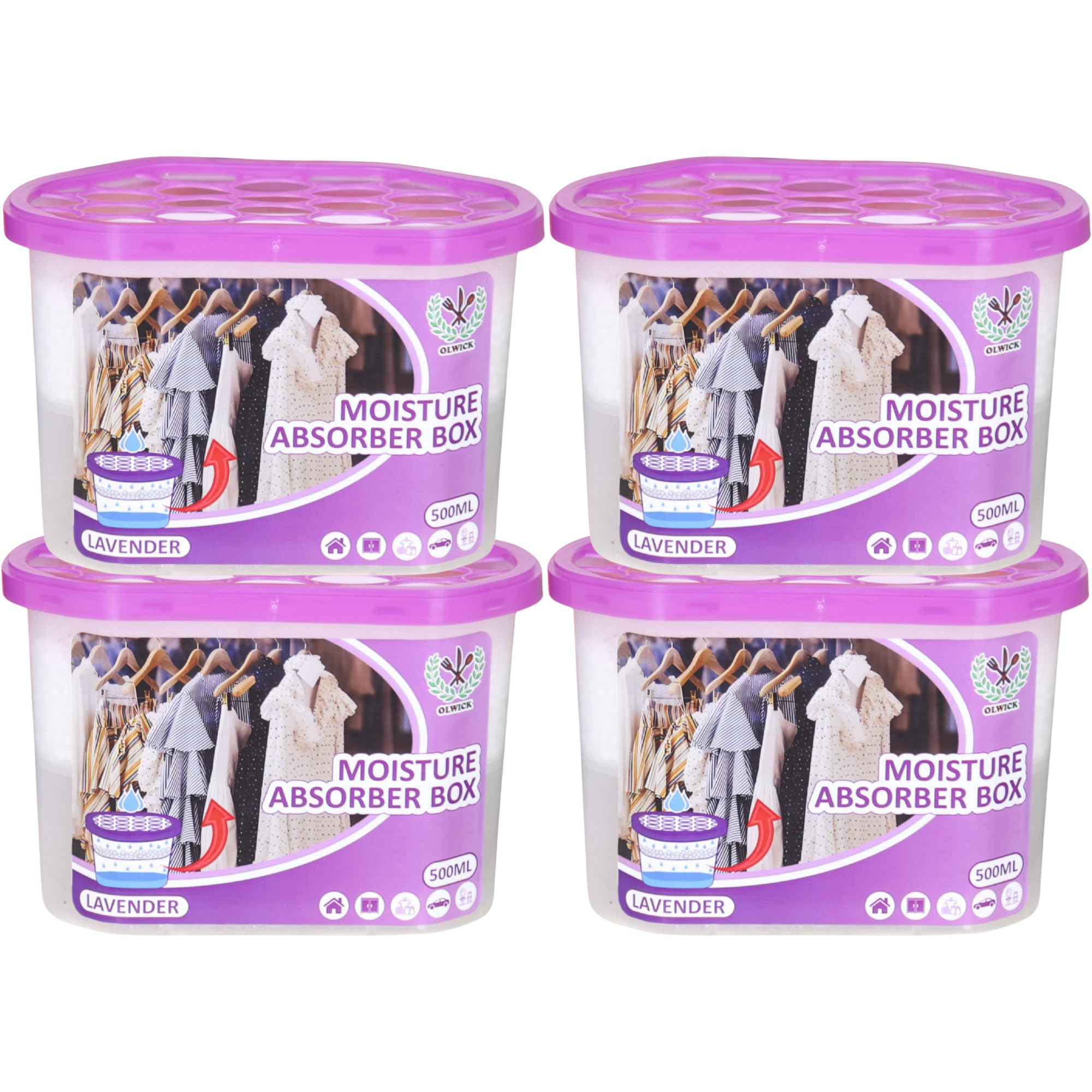 Moisture Absorbers Dehumidifier | 500ml Portable Humidity Absorber Boxes | Removes Moisture, Damp & Odors | Moisture Trap for Bathroom, Closet, Kitchen & Small Spaces | Lavender, Pack Of 4-image-38