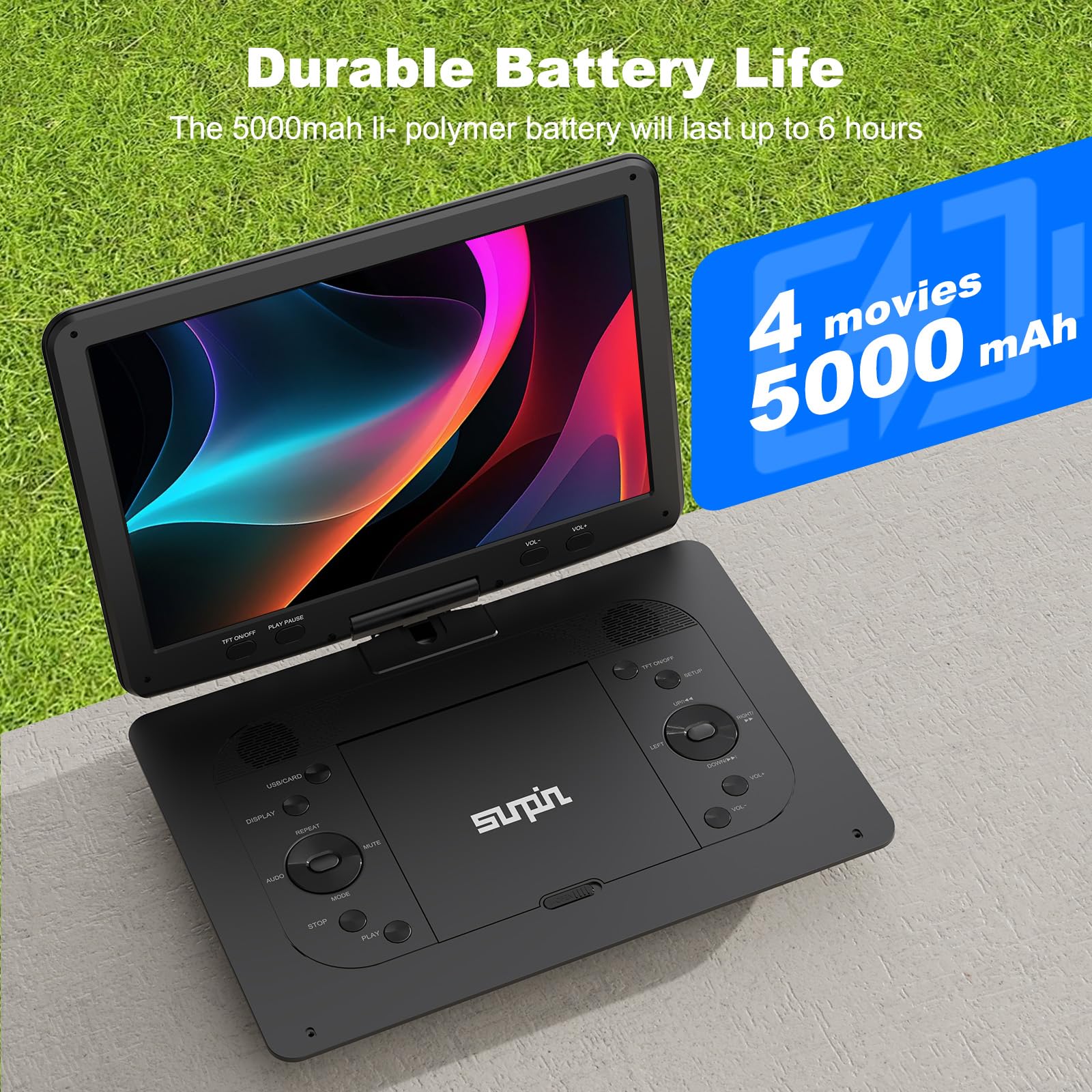 SUNPIN 16.9'' Tragbarer DVD Player mit 14.1'' HD Bildschirm,DVD Player Auto Kinder Button Design,mit 6 Stunden Eingebauter Akku,DVD Player Tragbar Für Sync TV Video Player USB/SD-Karte/Sync TV (14.1)