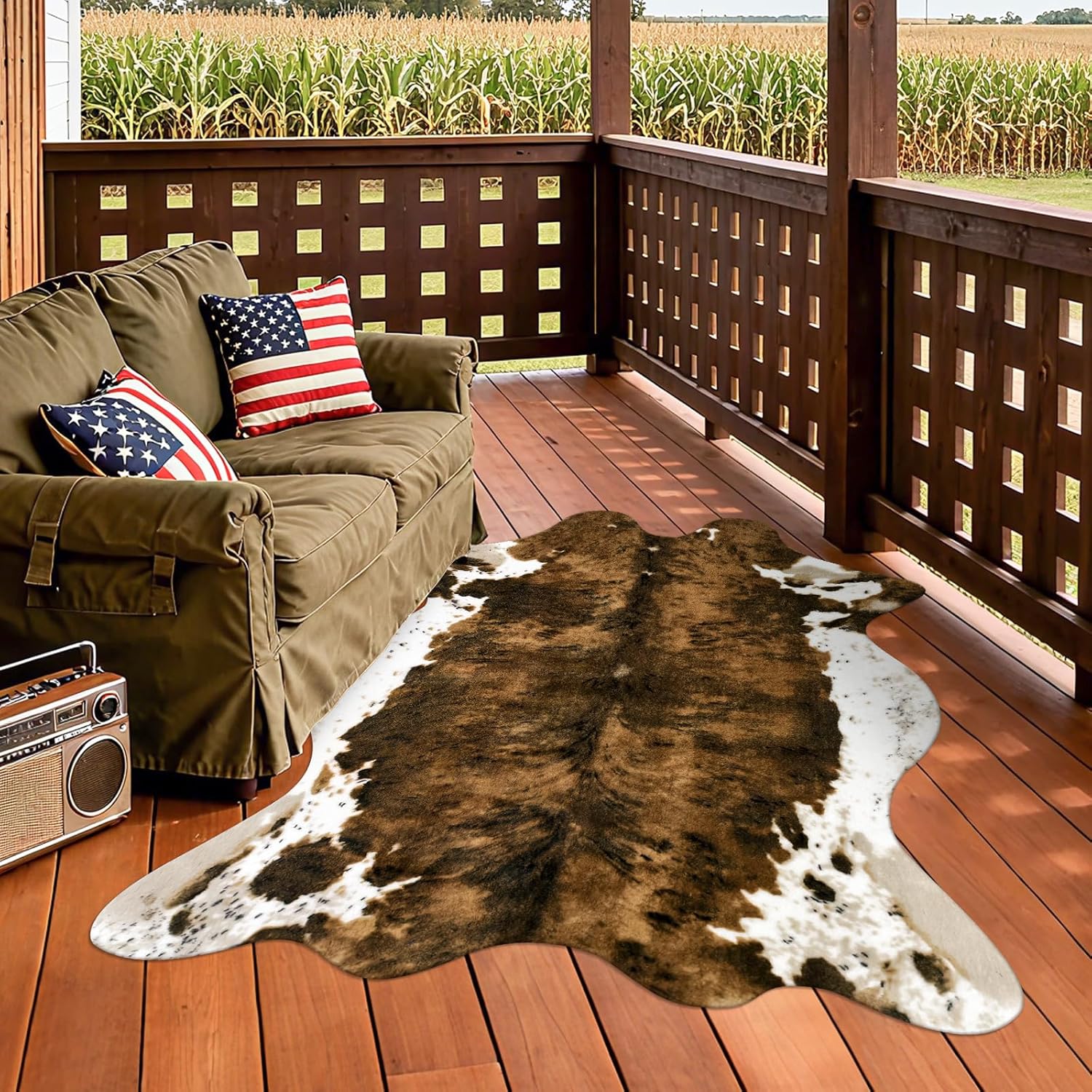 Premium Faux Cowhide Rug 4.6 x 5.2 Feet Durable and Large Size Leopard Animal Print Area Rug Washable Rug for Bedroom Western Decor,Brown