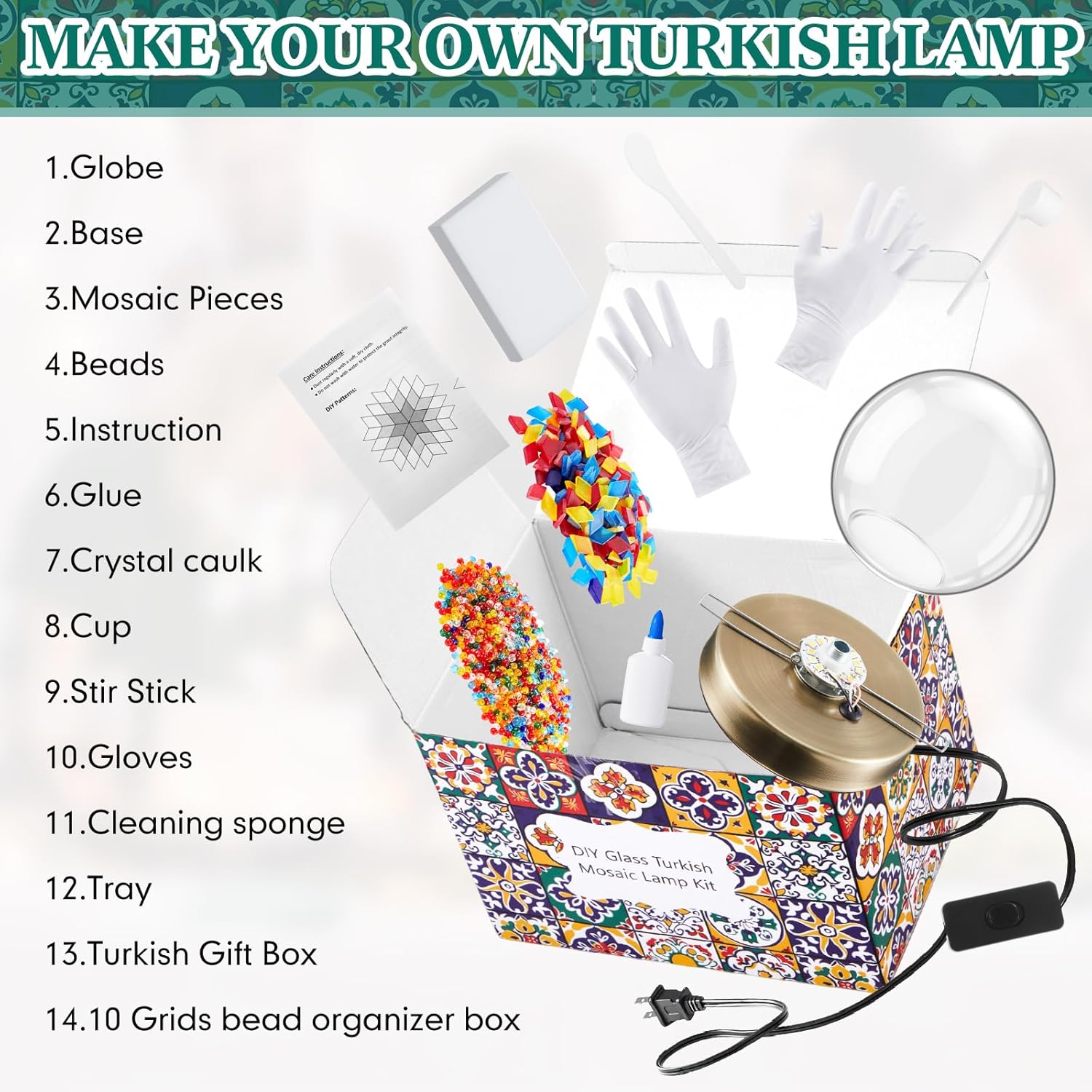 Baquler Turkish Mosaic Lamp Kit DIY Stained Glass Decorative Table Bedside Night Light Tabletop Bohemian Moroccan Lamp Craft Kit for Living Room Decorations(Multicolor)