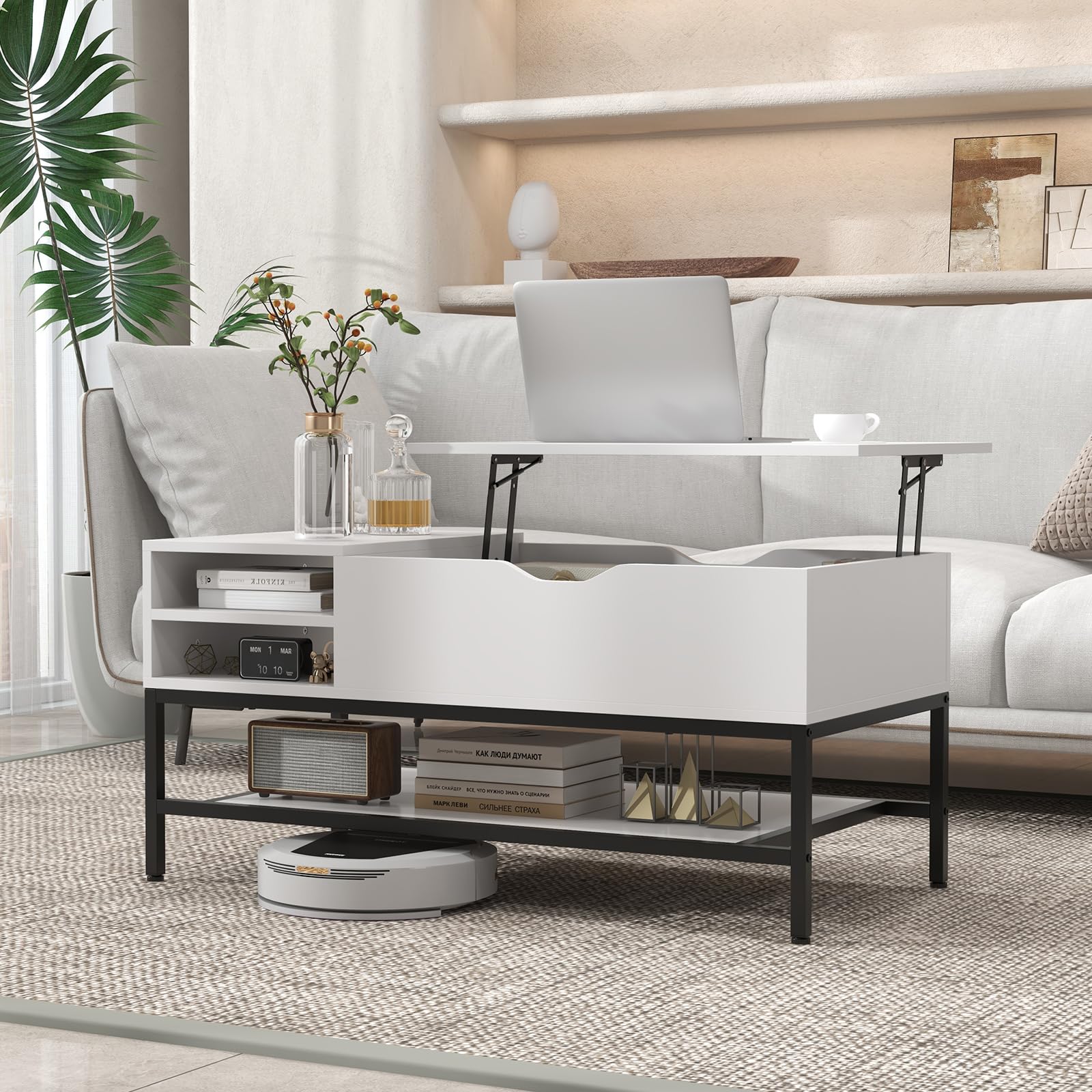 LIFEZEAL Mesa de Centro elevable, Mesa de salón con Compartimento Oculto, Mueble de salón con Estructura de Metal, Estante de Almacenamiento extraíble, 100 x 49,5 x 47,5 cm (Blanco)