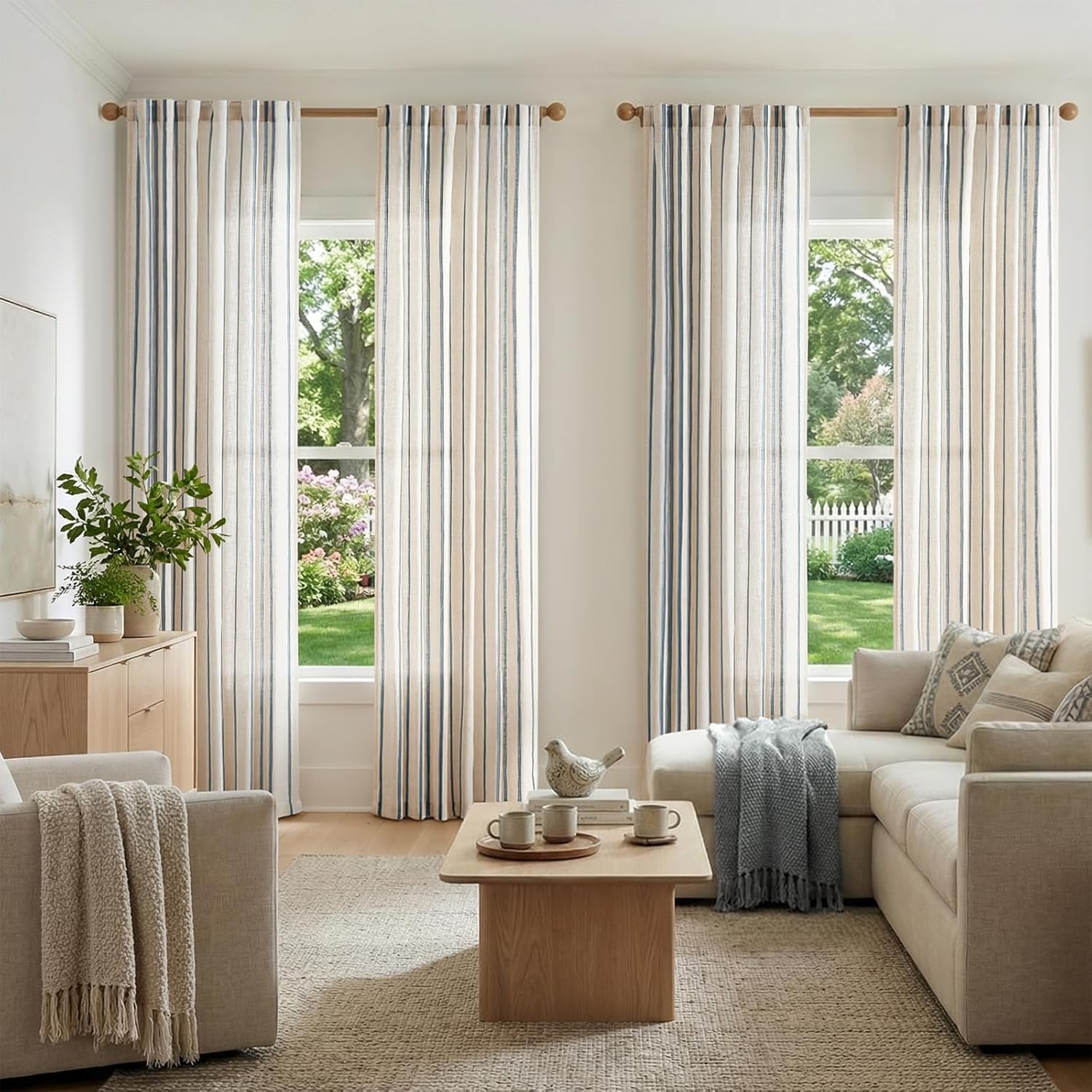 jinchan Linen Curtains for Living Room Striped Curtains Blue on Beige Thick Textured Light Filtering Drapes Bedroom Dining Room Coastal Rustic Farmhouse Cottage Core Style 2 Panels 84 Inches Back Tab 50"W x 84"L (Pack of 2) Blue on Beige