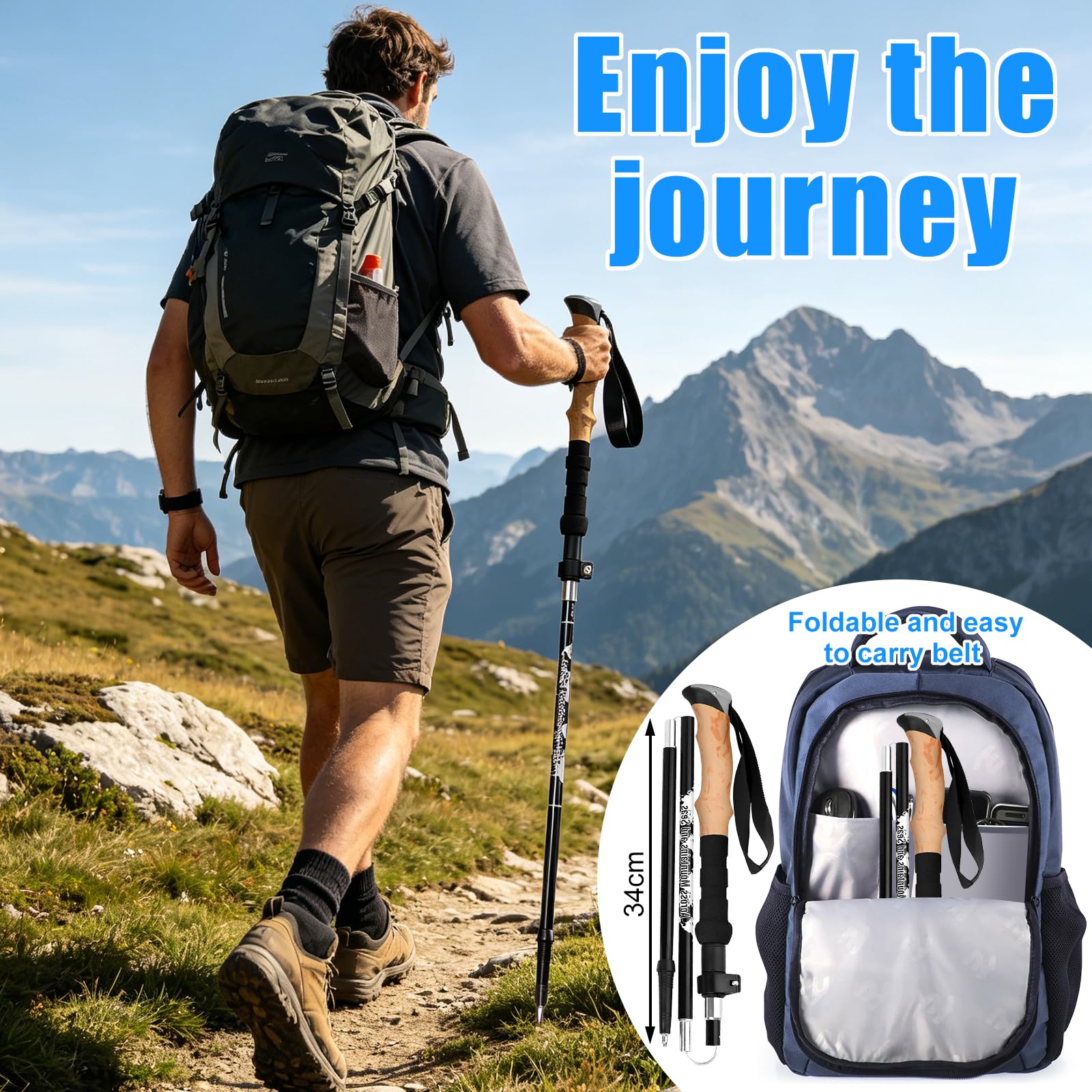 2 Pcs Bastones de Senderismo Telescópicos 105-135cm Hombre Mujer, Ultraligeros de Aluminio 7075, Bastones de Marcha con Puño de Corcho para Trekking, Nordic Walking, Esquí y Montañismo — view 5