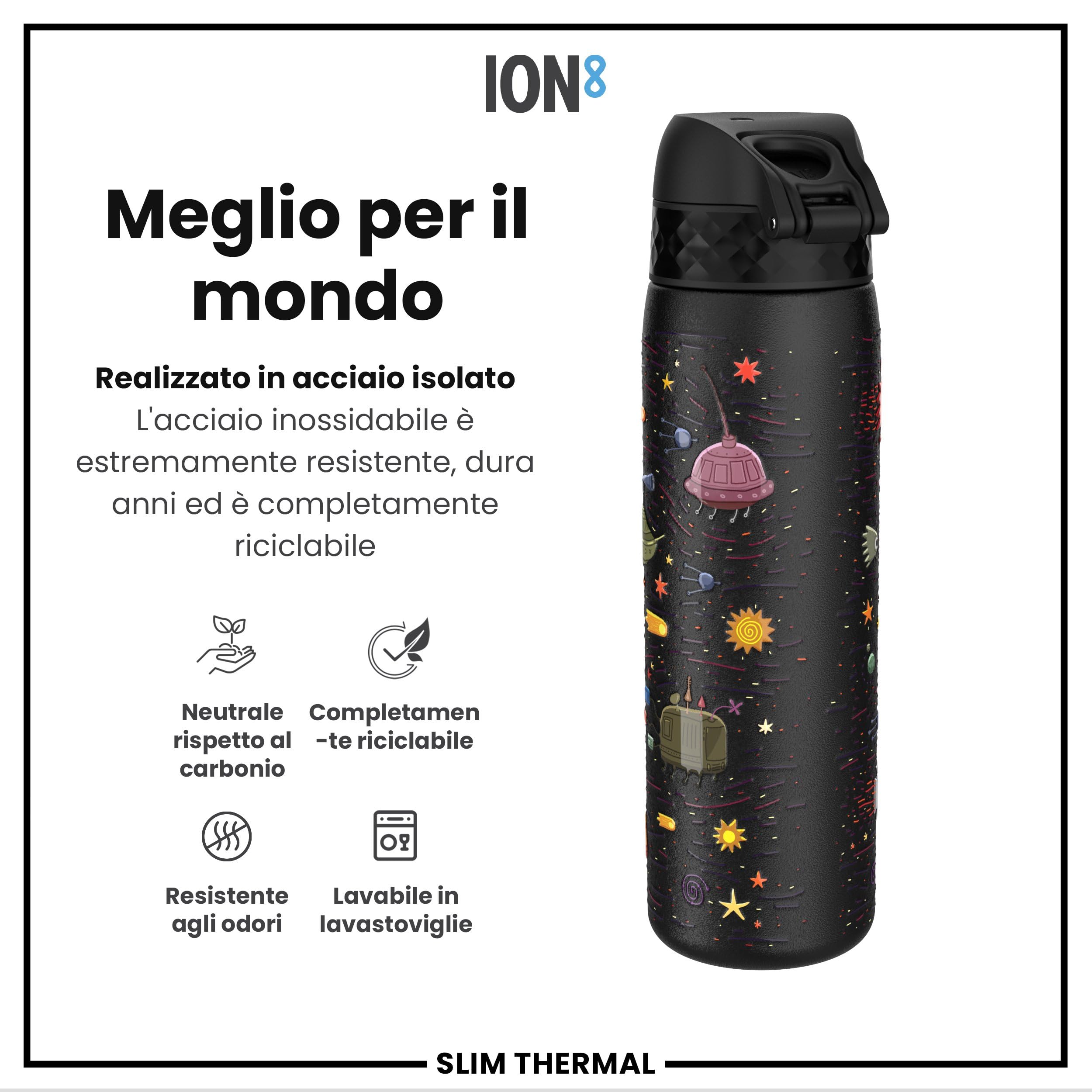 Ion8 Borraccia Termica in Acciaio Isolato, 500ml, a Prova di Perdite, Facile da Aprire, Serratura Sicura, Lavabile in Lavastoviglie, Maniglia per il Trasporto, Facile Pulizia, Durevole,Astronavi