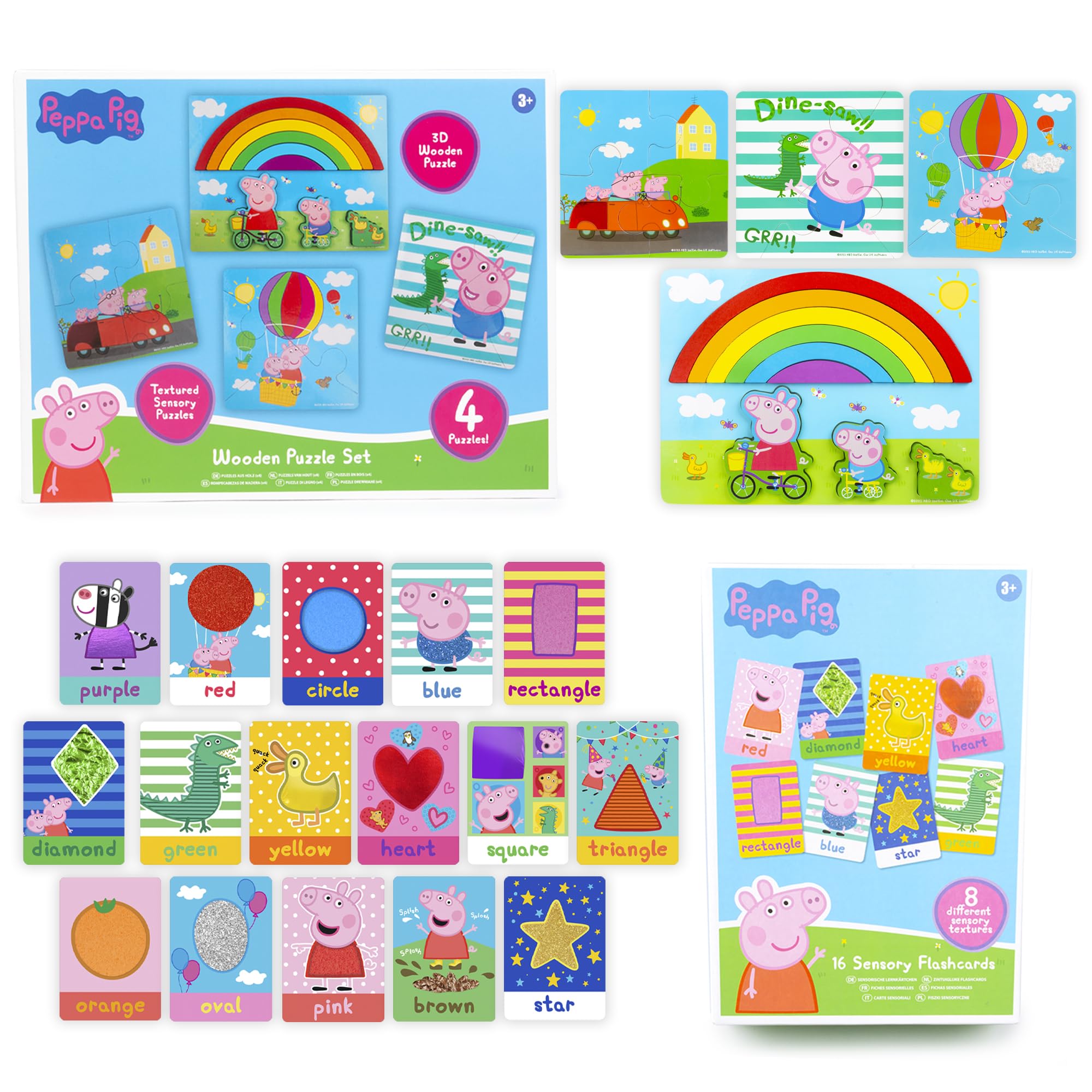 Peppa Pig Sensory Flashcards & Wooden Jigsaw Puzzle Set – Fun & Educational Toys for Toddlers 3+ – Perfect for Learning, Travel, and Gifts