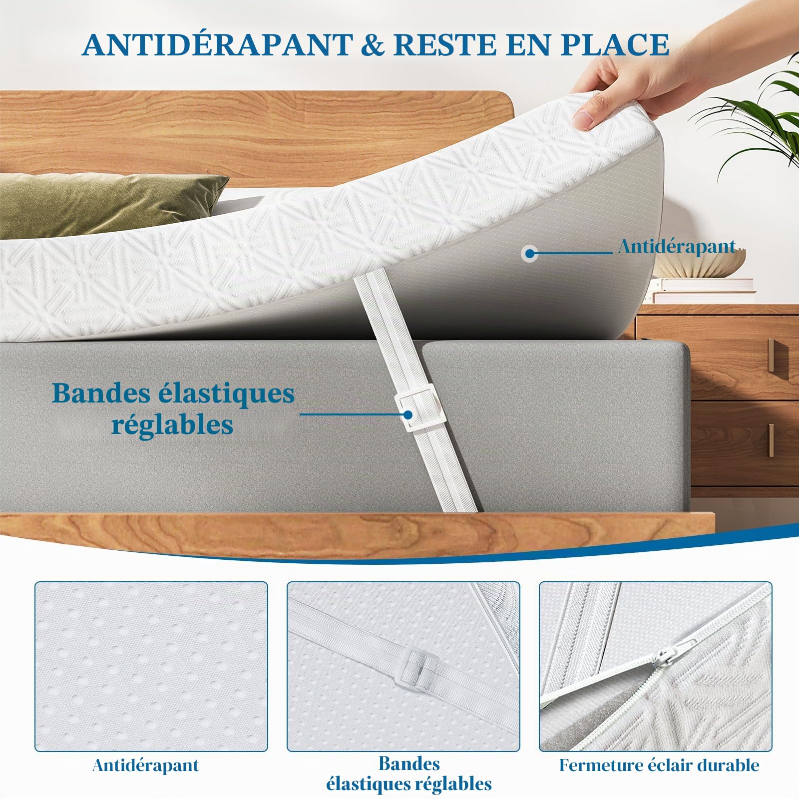 Surmatelas 120 x 200 cm H2/H3, Mémoire de Forme, 10CM épaisseur Surmatelas en Gel avec Housse Amovible et Lavable- Fond antidérapant - 4 Bandes- pour lit à sommier tapissier, canapé-lit, Blanc