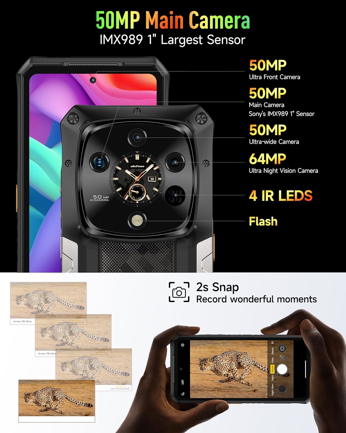 Ulefone Armor 28 Ultra 5G AI Rugged Phone, 32GB+1TB/2TB Expansion, MTK Dimensity 9300+ 12-Core, 6.67" AMLOD Dual Screen, 64MP+50MP+50MP Real Camera, 120W, IP68/IP69K, 8K Video, Widevine L1, Android 15