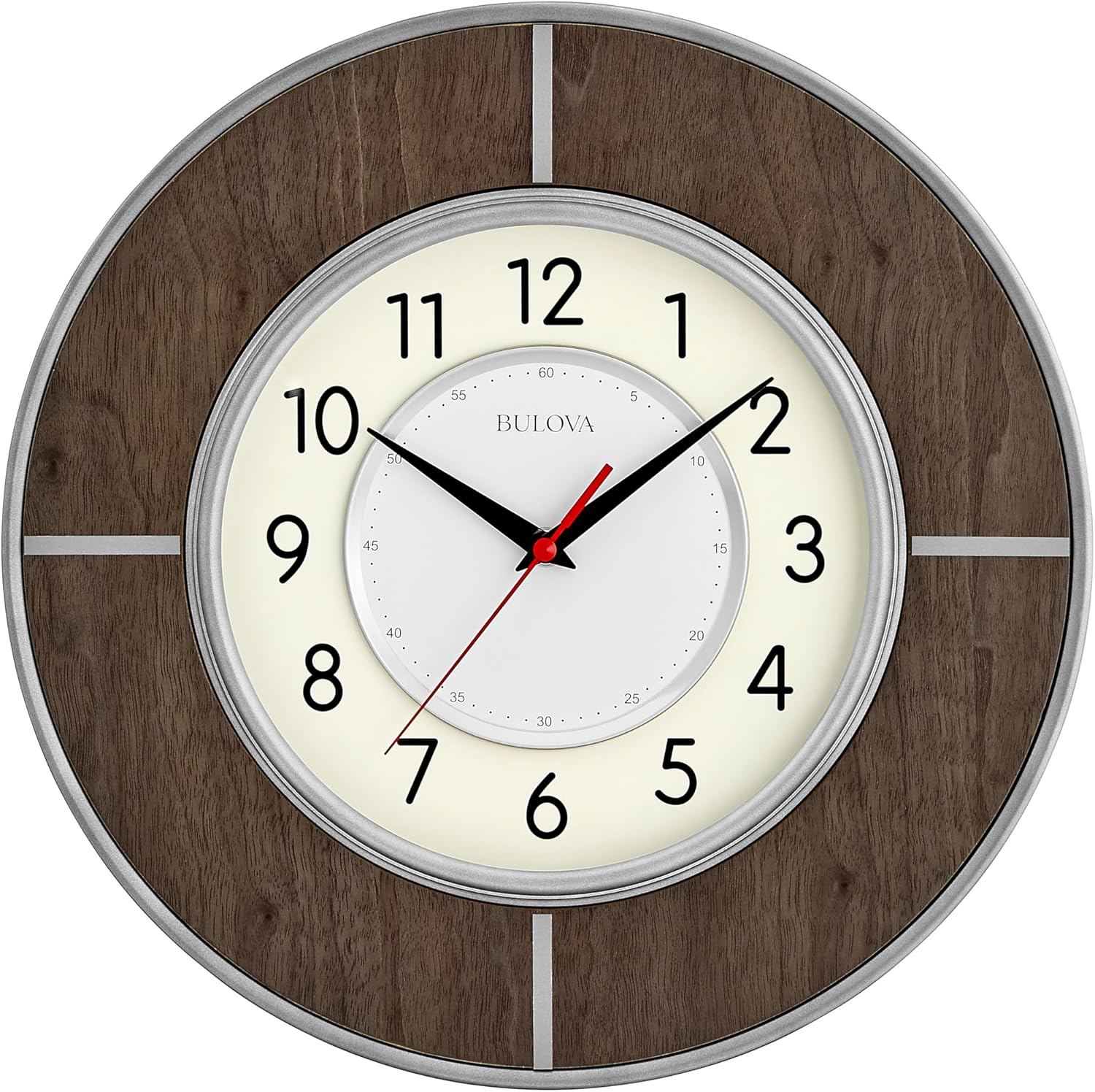 Bulova Clocks C4379 Contempo 14” Wall Clock – Walnut Veneer Accent, Gunmetal Frame, Vienna Style Cream Dial, Raised Inner Bezel, Silent Sweep No-Ticking Quartz Movement