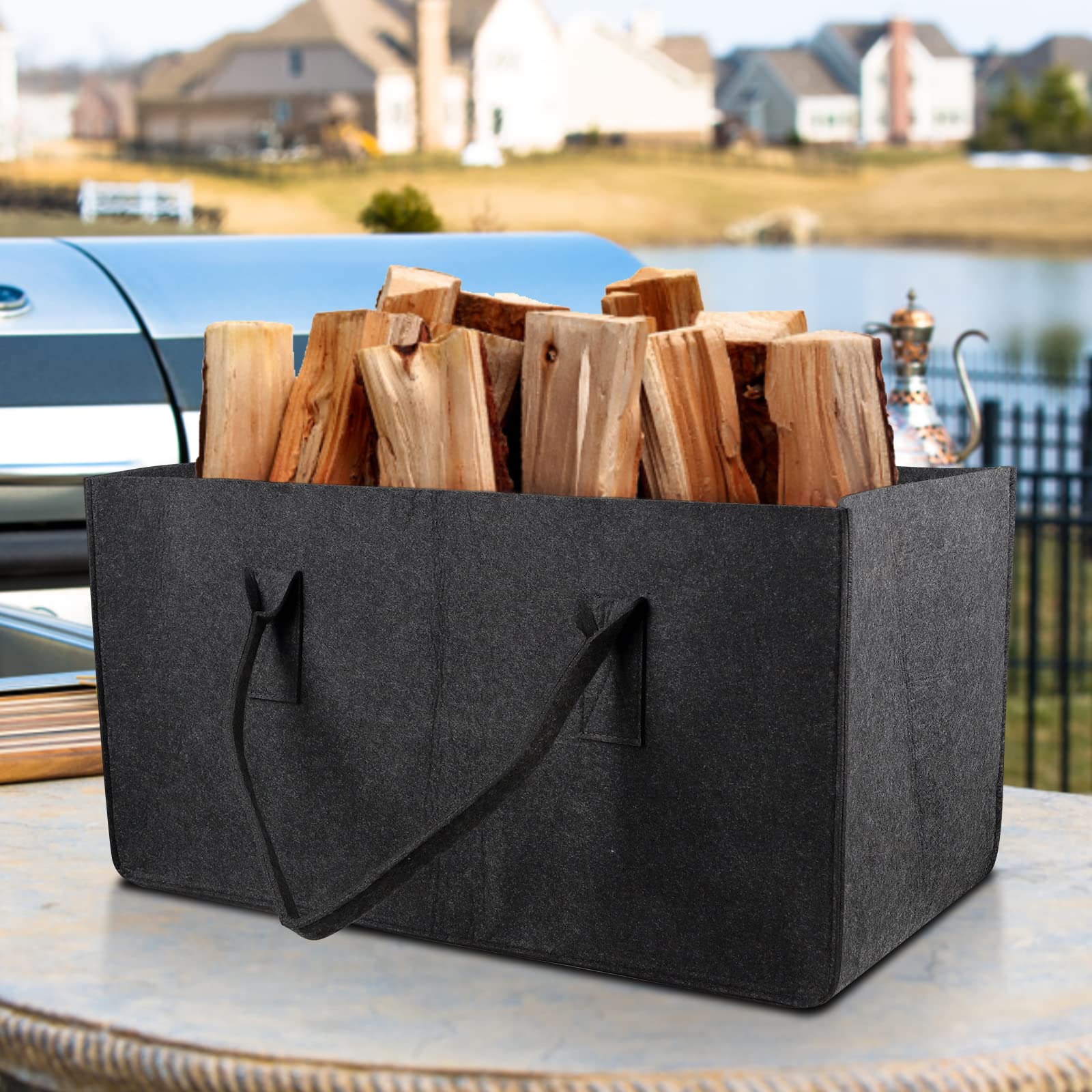 EFUTURETIME 2pz Borsa in Feltro, 61×32×32cm, 60L Cestini per Legna da Ardere con Manici, Grande Shopper Pieghevole in Feltro, Cesto Multiuso per Legna, Vestiti, Giocattoli, Libri, Grigio Scuro