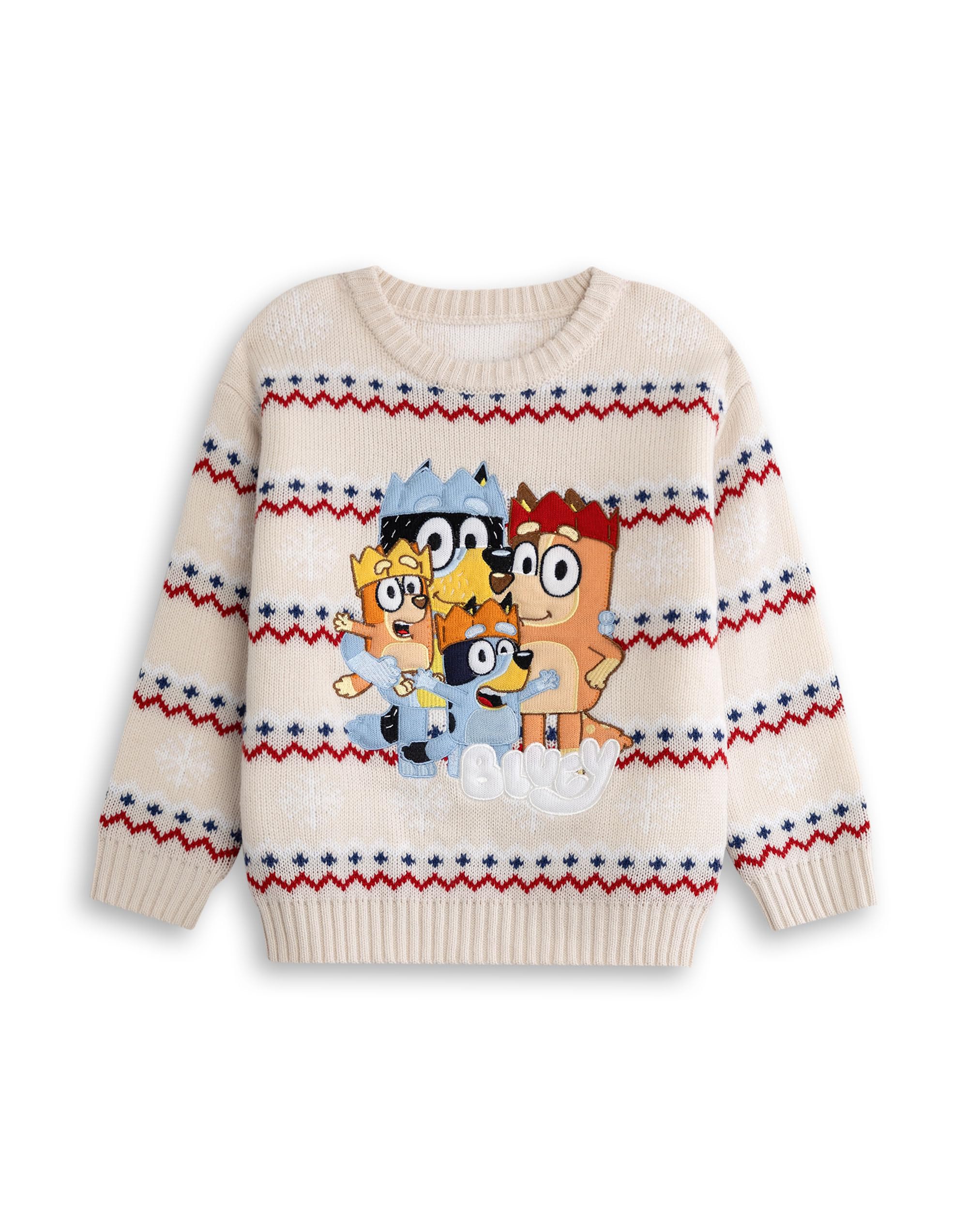 Bluey Unisex Kids Beige Kids Cream Heeler Family Christmas Jumper, Bingo, Bandit And Chilli | Classic Long Sleeve Crew Neck | Kids Christmas Wear For Festive Fun Merch - 4-5 Years