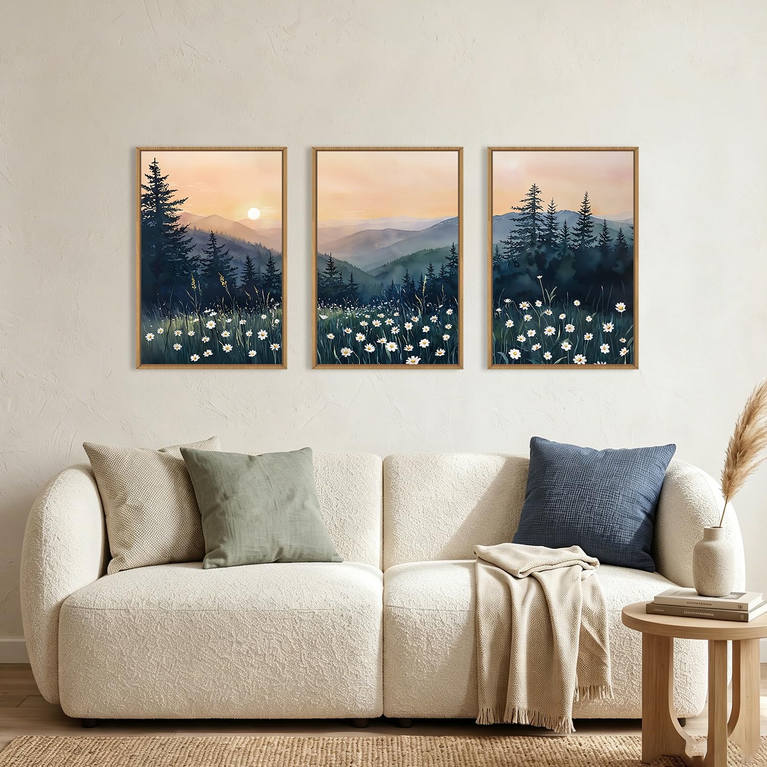 KAIRNE Mountain Floral Landscape Framed Canvas Wall Art Set,Watercolor Forest Wall Decor,Misty Pine Tree Art Prints,Nature Sunset Scenery Artwork for Living Room,Bedroom,Farmhouse,Office-16 x24 x3