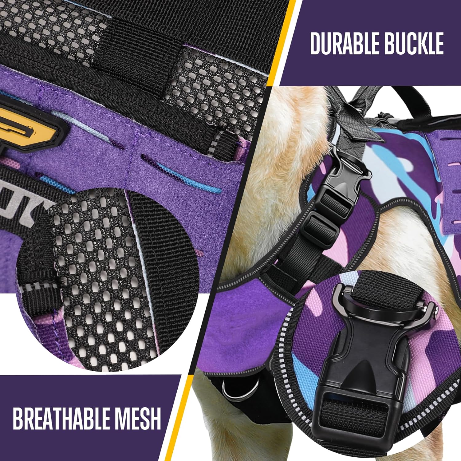 No Pull Dog Harness -Tactical Dog Harness - Military Dog Vest with Adjustable - Dog Harness for Large Dogs, Service Dog, Purple Camo, XL