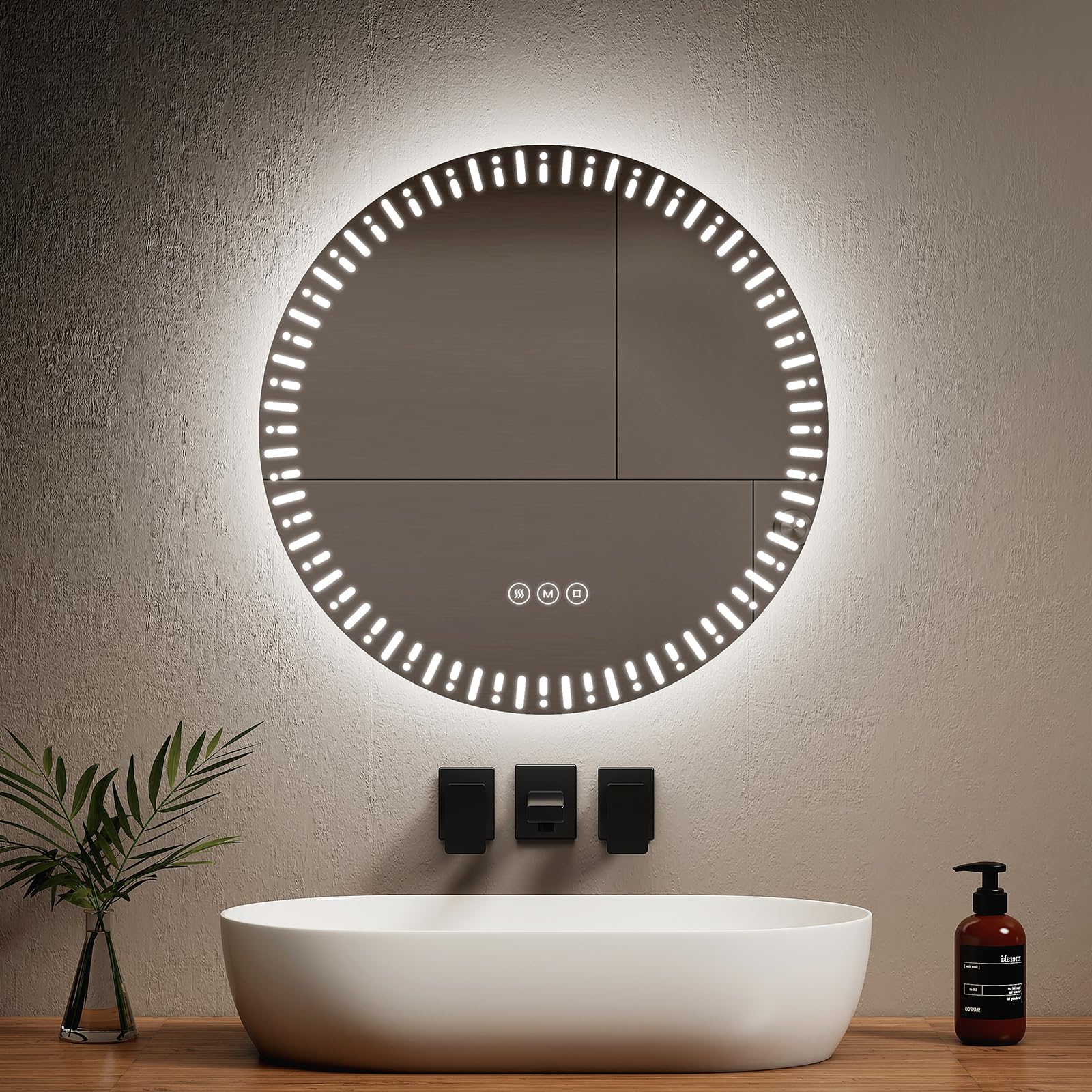 EMKE Espejo Redondo baño LED retroiluminado, diámetro 60 cm, con antivaho+Interruptor táctil+3 Colores de luz Variable, Espejo Redondo Decorativo de Moda,Espejo de baño