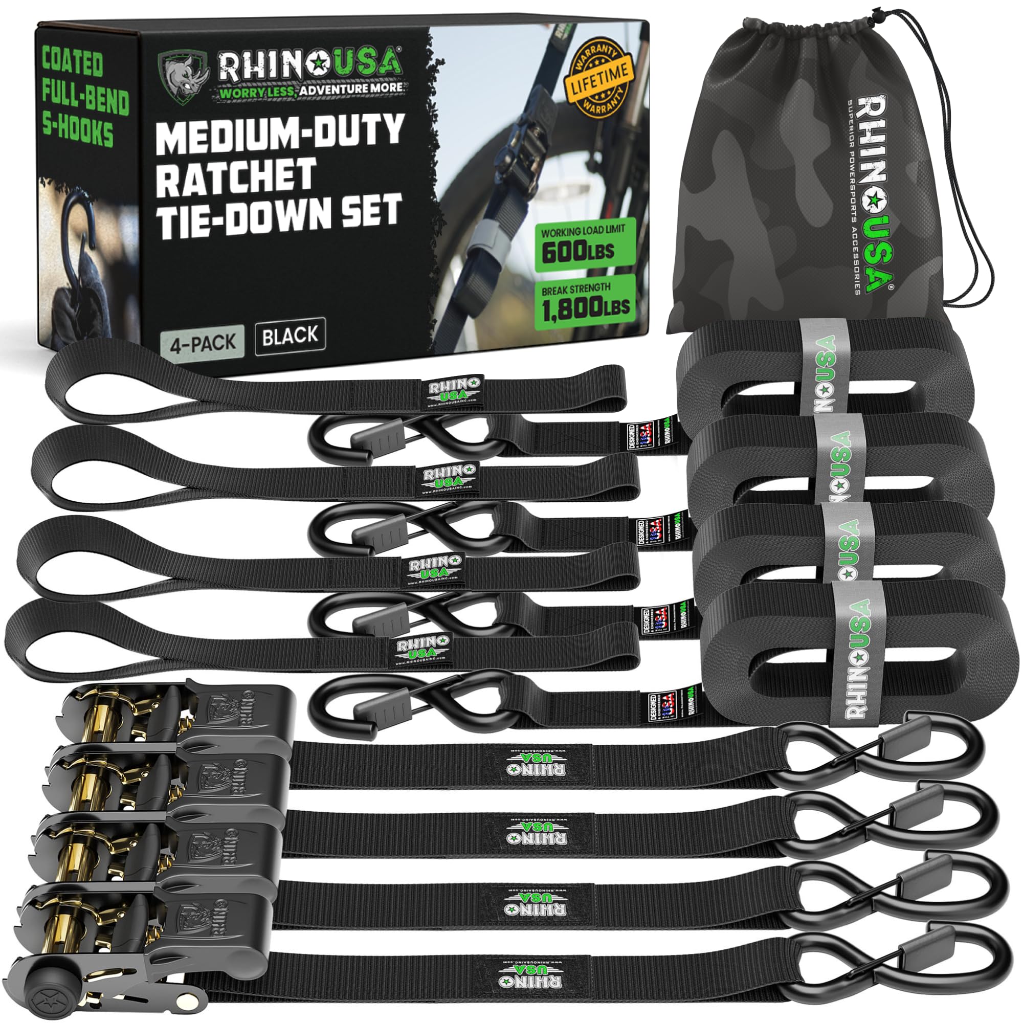 RHINO USA Ratchet Straps (4PK) - 1,823lb d Max Break Strength, Includes (4) Premium 1in x 15ft Rachet Tie Downs with Padded Handles. Best for Moving, Securing Cargo (BLACK)
