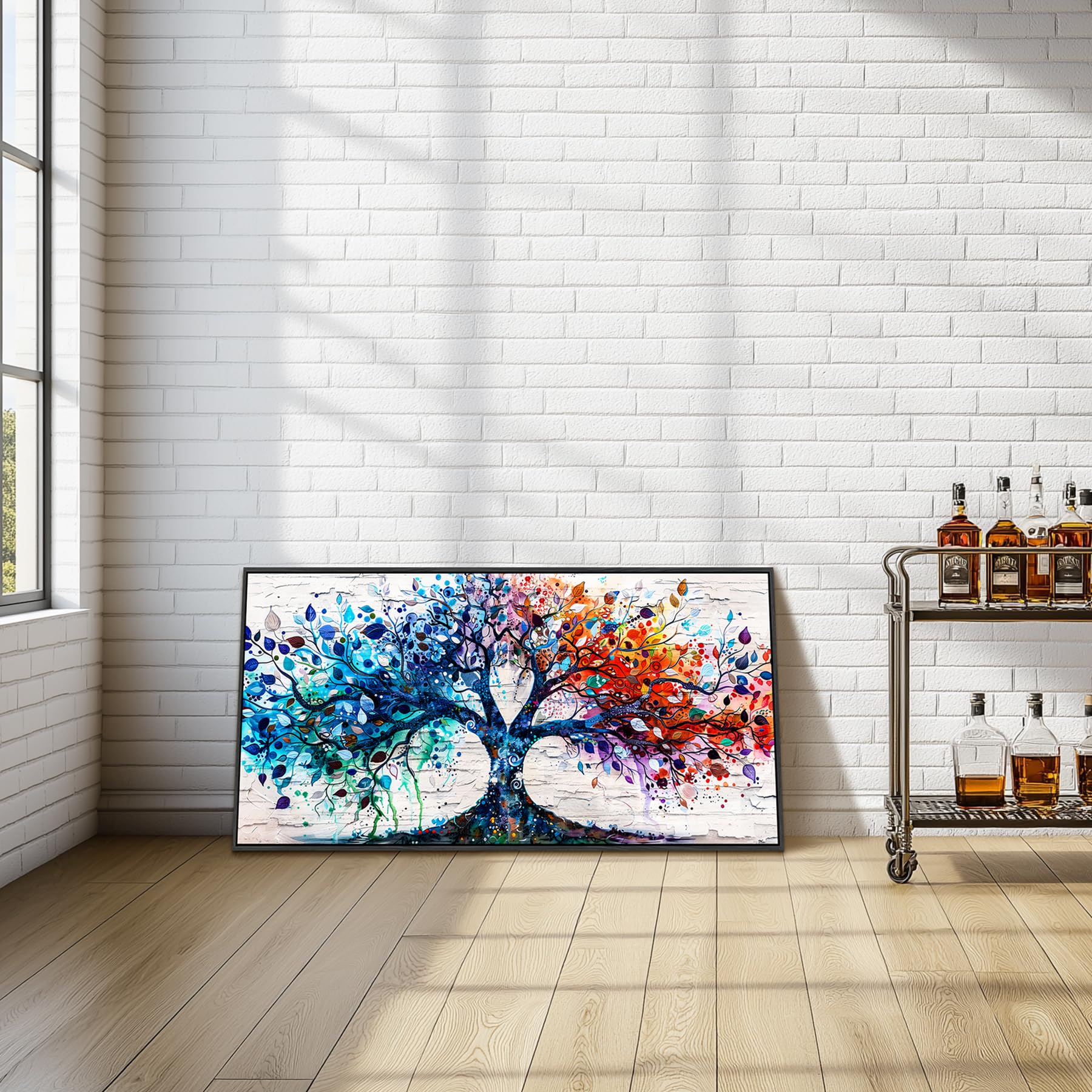 hyidecorart Bunter Baum des Lebens Bilder mit Rahmen Wohnzimmer 60x120 cm | Exquisites Motiv, HD-Druck, Einfach Aufzuhängen, Große Formate, Flexible Raumdeko, Schöne Wandkunst, Geschenk, Leinwandbilder