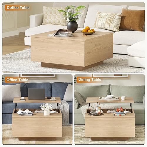 Miniatura 7 de FABATO - Mesa de centro elevable, mesa de café cuadrada de madera con almacenamiento, mesas de café de estilo granja con compartimento de