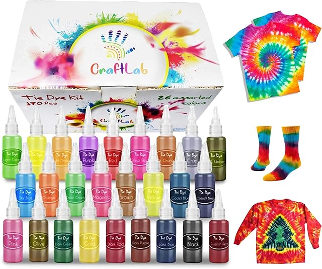 CraftLab Tie Dye Kit, 170 Pcs 26 Colours Fabric Dye Set for Children and Adults. DIY Tye Dye Kits for Kids, Fun Non-Toxic Clothing Dye with Multiple Tie Dye Techniques Leaflet | 26 Colours Kit