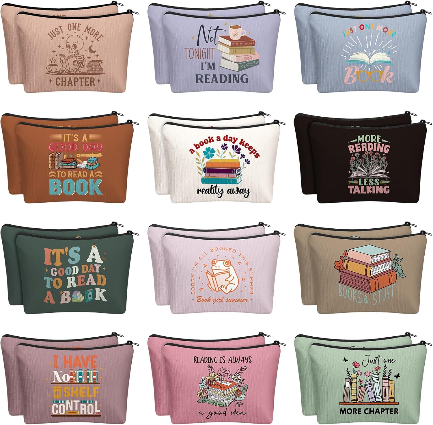 24 Pcs Book Club Gifts Makeup Bags for Women 8.7 x 6 Inch Book Lovers Cosmetic Bags with Zipper Large Capacity Travel Toiletry Pouch for Bookish Librarian Reader Literary Lovers Gifts