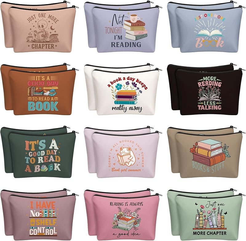 Cosblank Necessaires de maquiagem com zíper, estampas literárias, 24 unidades