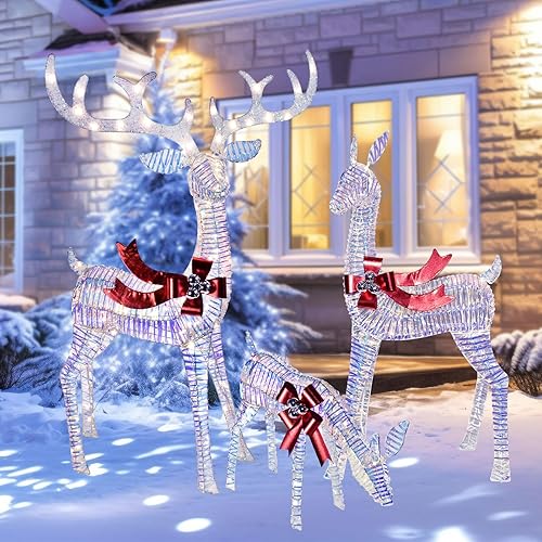 Christmas Decorations Outdoors Reindeer Family - Light up Christmas Decor Iridescent Deer 3 Piece with LED Lights, Extension Cord, Ground Stakes,
