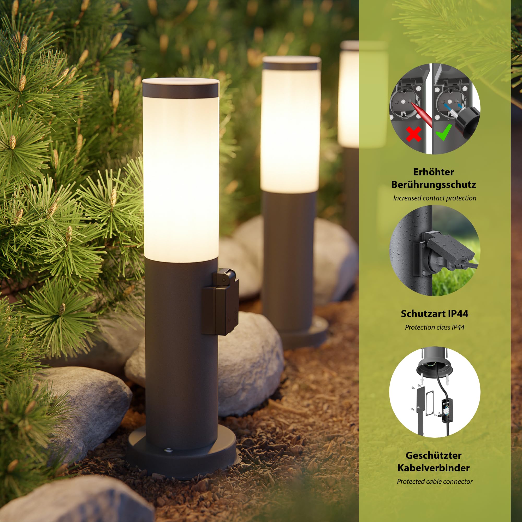 ledscom.de 2 farolas de camino/balizas PORU para exterior, IP44, 39 cm, antracita, 1 casquillo E27 de máx. 40 W, toma de corriente