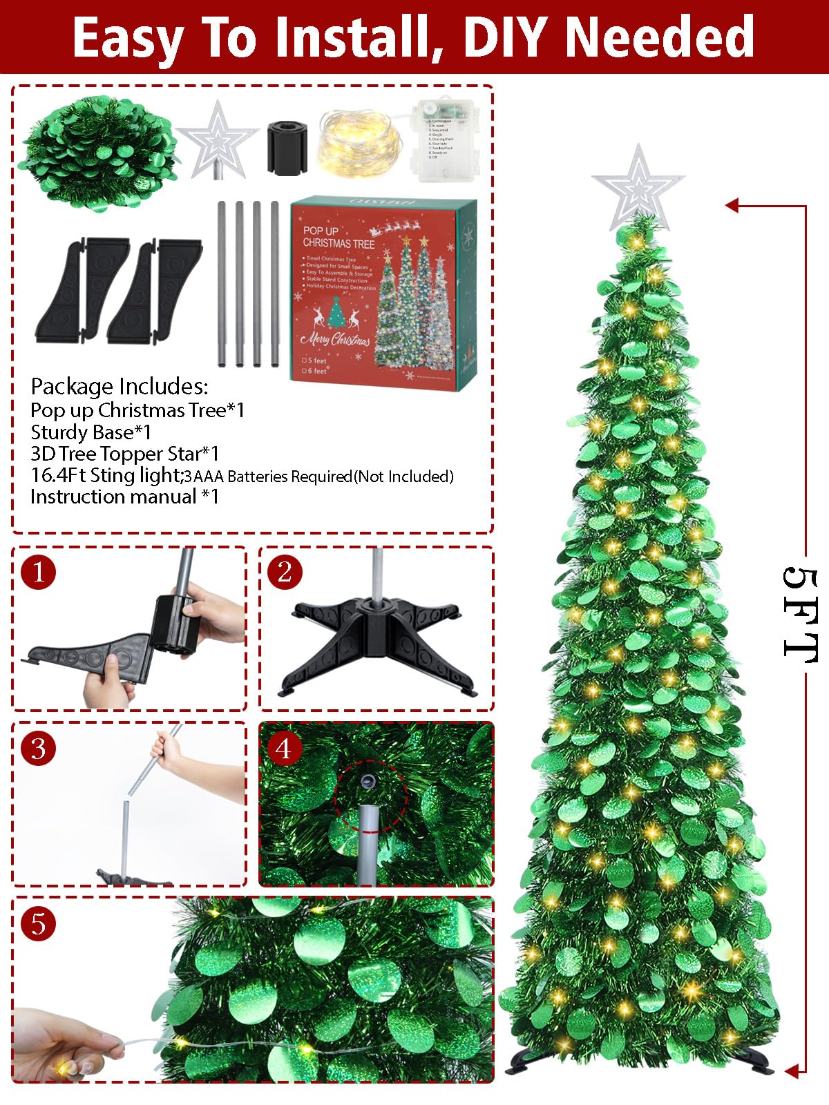 HMASYO Sapin de Noël pop-up de 1,5 m avec lumières minuterie, sapin de Noël artificiel pliable pour intérieur, maison, appartement, porche, décorations de fête de vacances (vert)