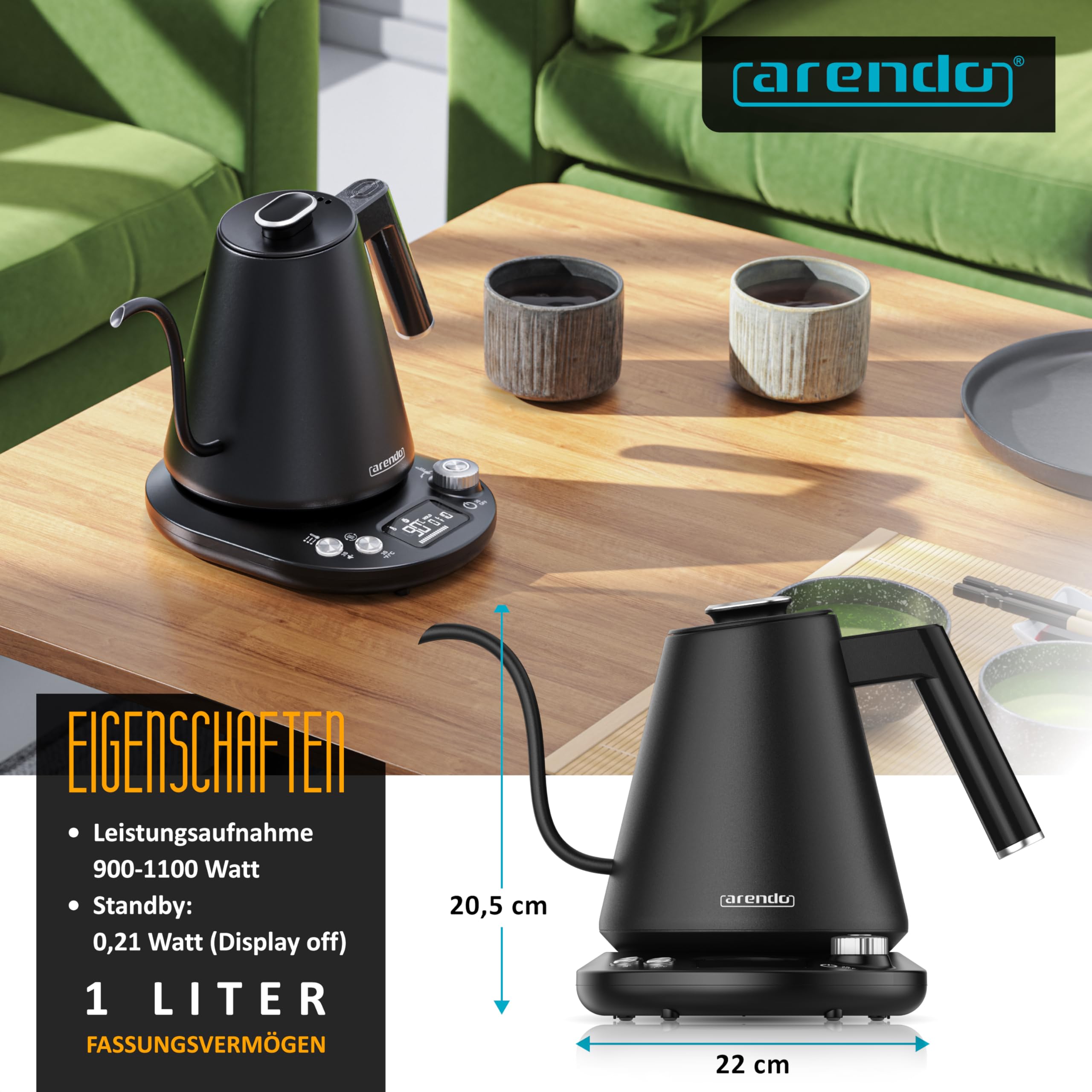 Arendo - Bollitore in acciaio inox con regolazione della temperatura - 1100 Watt - da 40° a 100° - Funzione di mantenimento in caldo 2 ore - 1 litro - Design bollitore - Indicatore di temperatura