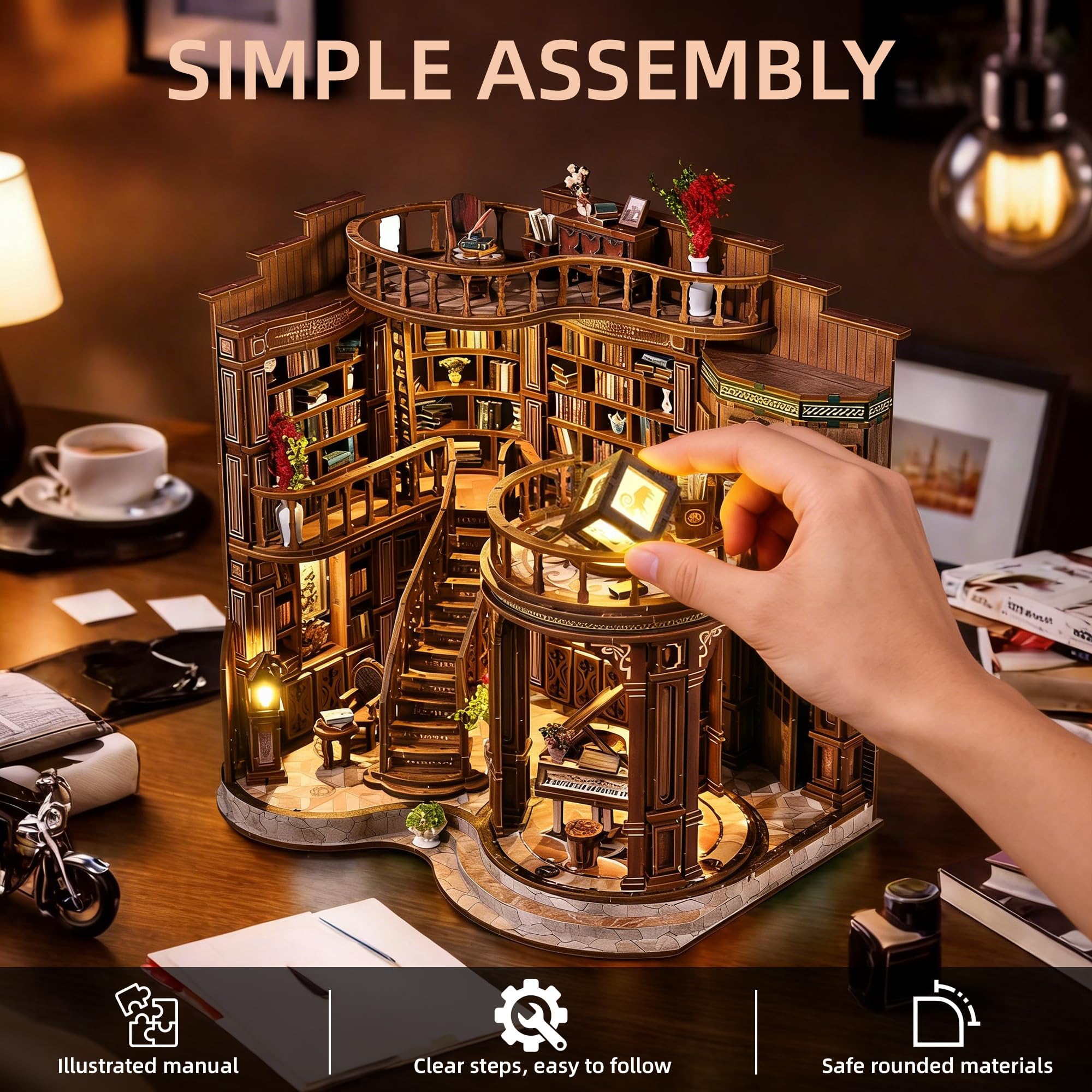 Book Nook Kit für Erwachsene - CRIOLPO DIY Miniatur Haus Holzpuzzle 3D Puppenhaus - Buchstütze für Bücherregal Deko mit Led Licht Kreatives Geschenk für Leser