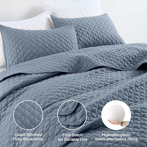 Miniatura 3 de HORIMOTE HOME Juego de edredón de tamaño King, color azul polvoriento, ligero para verano, de microfibra ultrasuave, estilo moderno, acolchado con