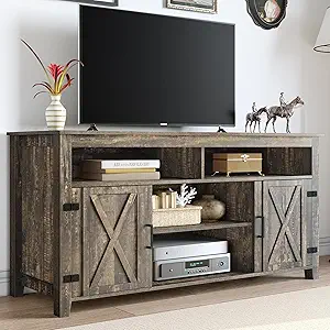 DWVO TV Stands for Living Room, Farmhouse Entertainment Center for 65 Inch TV, Rustic TV Console with Storage and Barn Door, Console Table Media Television Stands, 59 Inches, Light Rustic Oak