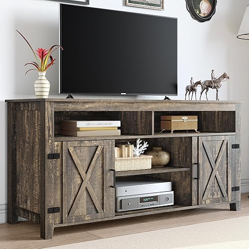 DWVO TV Stands for Living Room, Farmhouse Entertainment Center for 65 Inch TV, Rustic TV Console with Storage and Barn Door, Console Table Media Television Stands, 59 Inches, Light Rustic Oak