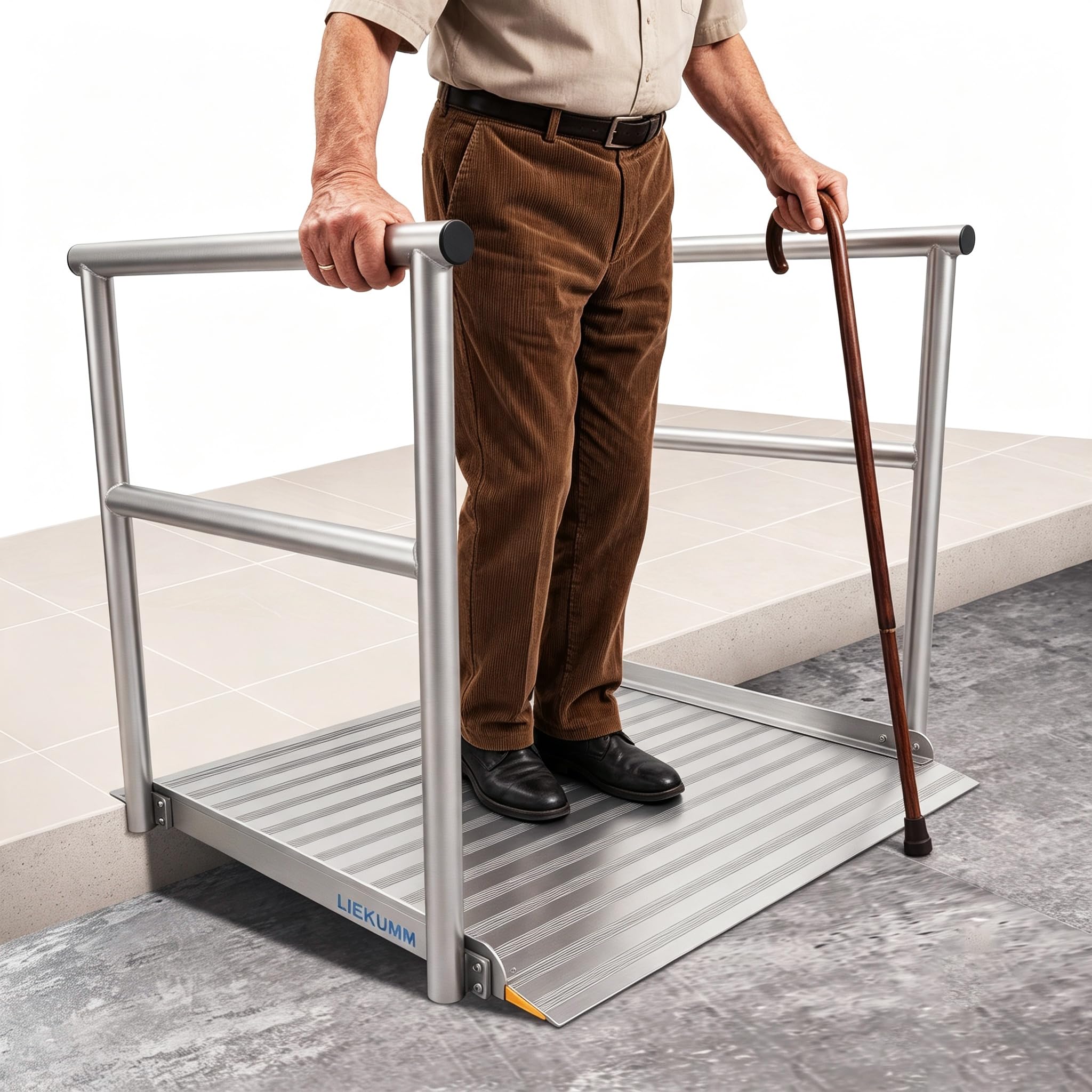 LIEKUMM Rollstuhlrampe mit Handläufen Alu, 91 cm lang Türschwellenrampe | Rampe Rollstuhl Extra Breite, rutschfest Schwellenrampe Für Bordsteinkanten, Scooter, Rollatoren , max. 23 cm Schwellenhöhe