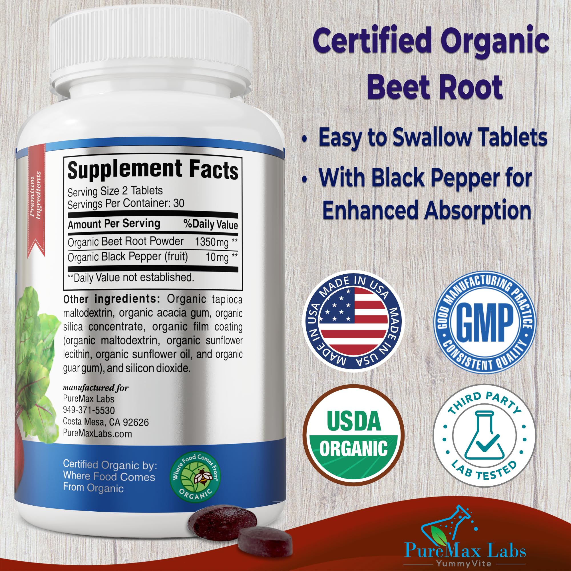 YUMMYVITE Organic Beet Root Powder Tablets, 1350mg, 60 Tablets — Amazon image 2