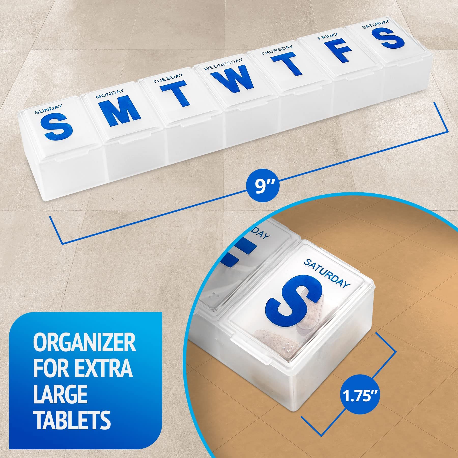 Pillendose für die Woche, extra große Pillen, Medizin, Vitamin-Organizer-Box, wöchentlich, Tagesplaner, Behälter mit leicht zu lesenden Buchstaben :