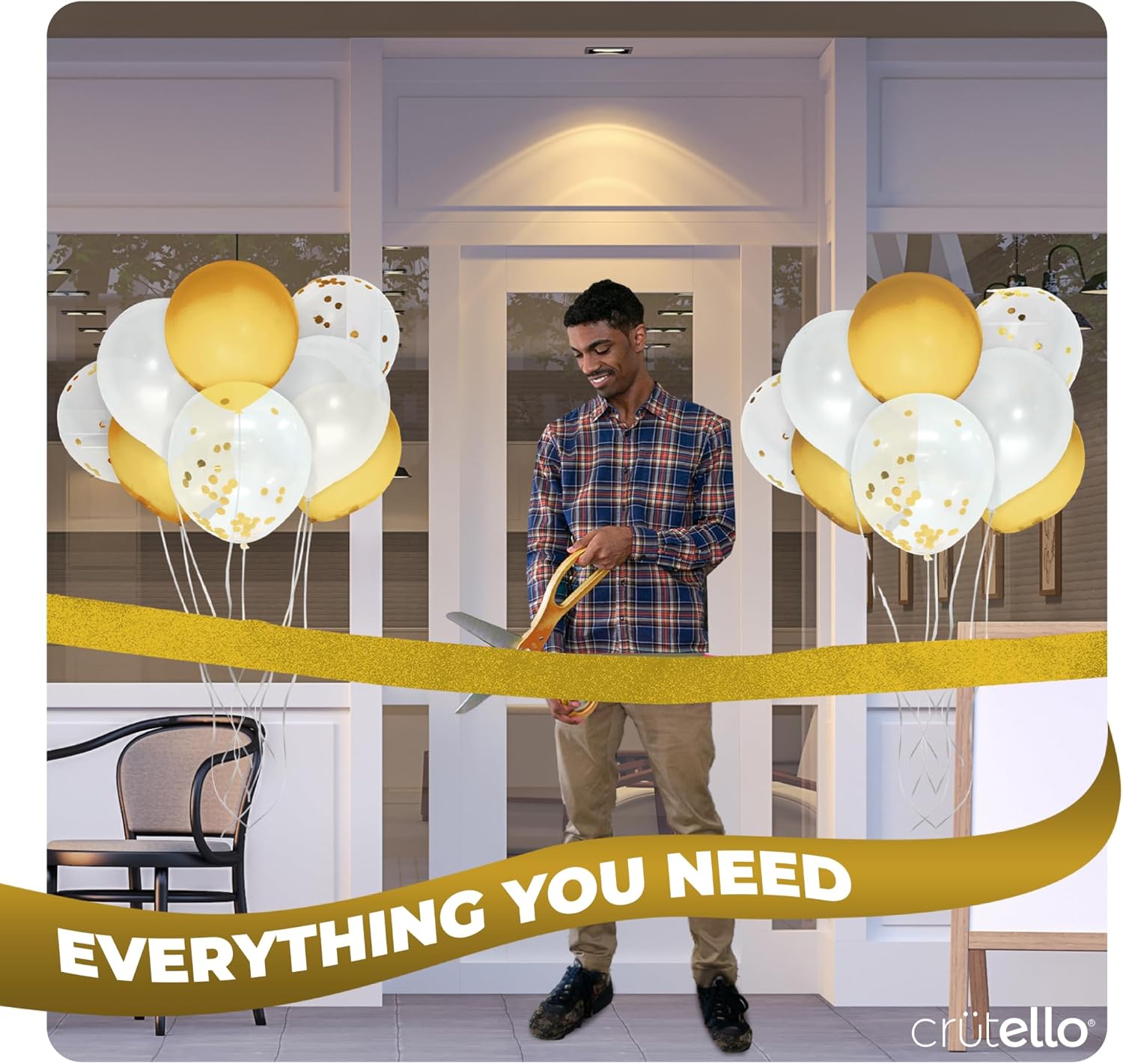 Crutello Ribbon Cutting Ceremony Kit - 20"Giant Scissors with Gold Handle, 30ft Sparkle Giant Gold Ribbon 4"Wide, 24 Balloons & 90ft Balloon Band for Grand Opening Decorations