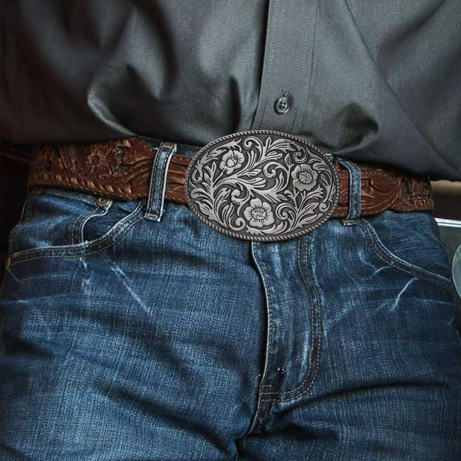 Antique Engraved Flower Belt Buckle, Western Cowboy Belt Buckle, Oval Foral Belt Buckles for Men Women - Image 3