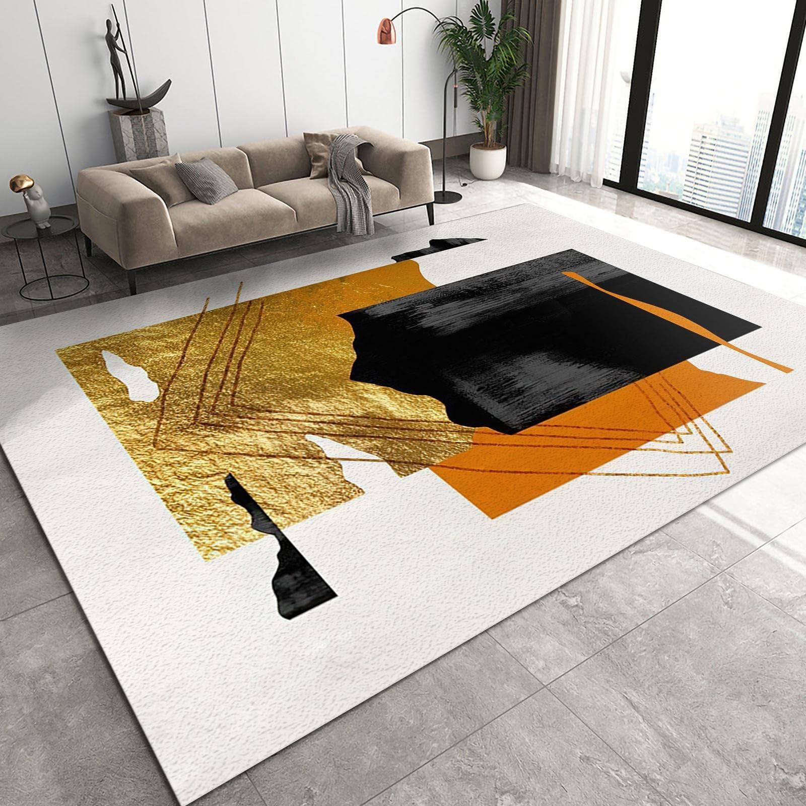 GIRTFU 3x5 Area Rugs Gold Foil Colorblock Design Kids Play Rug, Nordic Light Luxury Throw Rugs Bedroom Soft for Coffee Shop Living Room Under Table