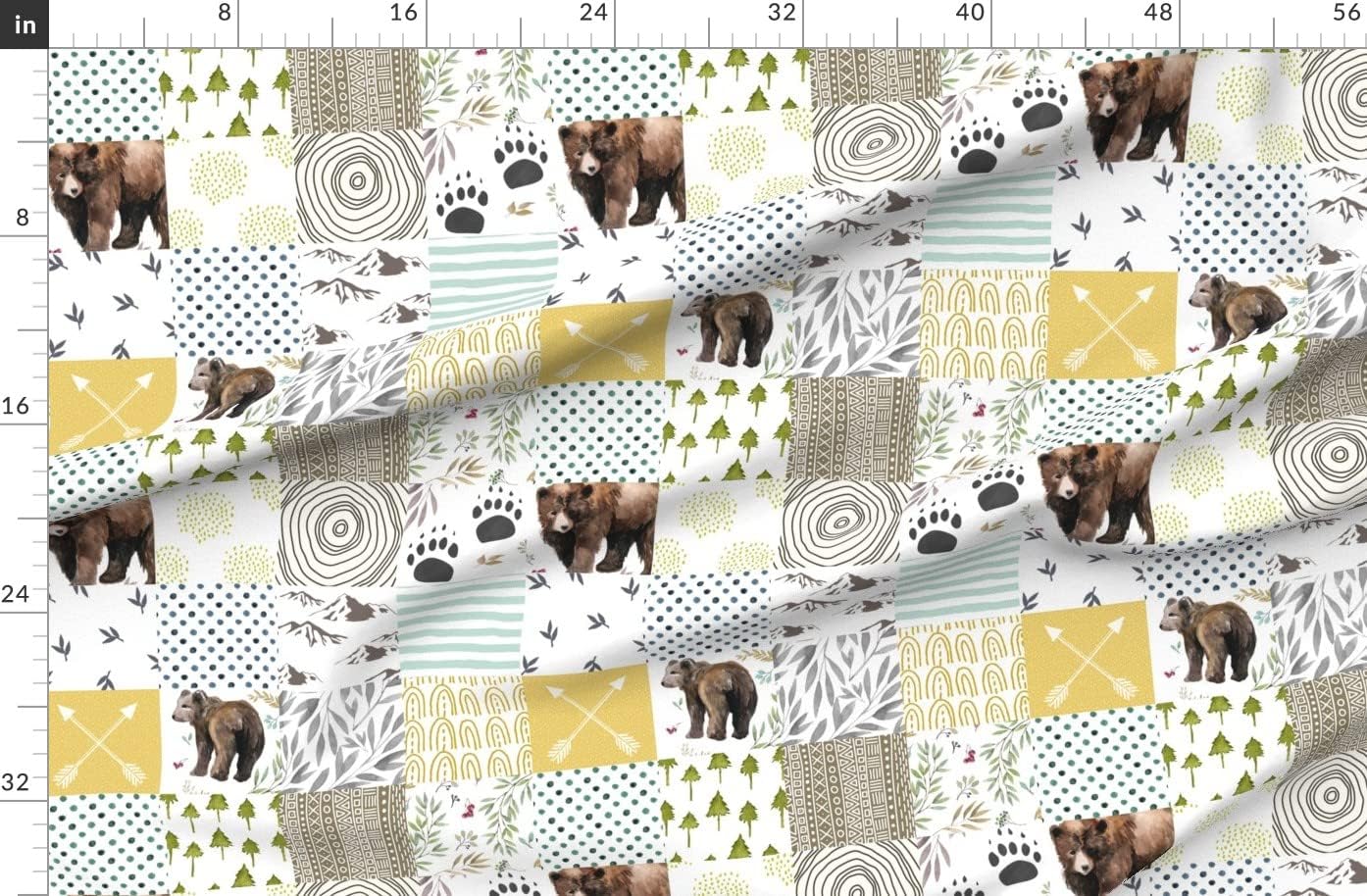 Spoonflower Fabric - Woodland Baby Watercolor Bear Forest Animal Green Yellow White Quilt Printed on Denim Fabric Fat Quarter - Bottomweight Apparel Home Decor Upholstery