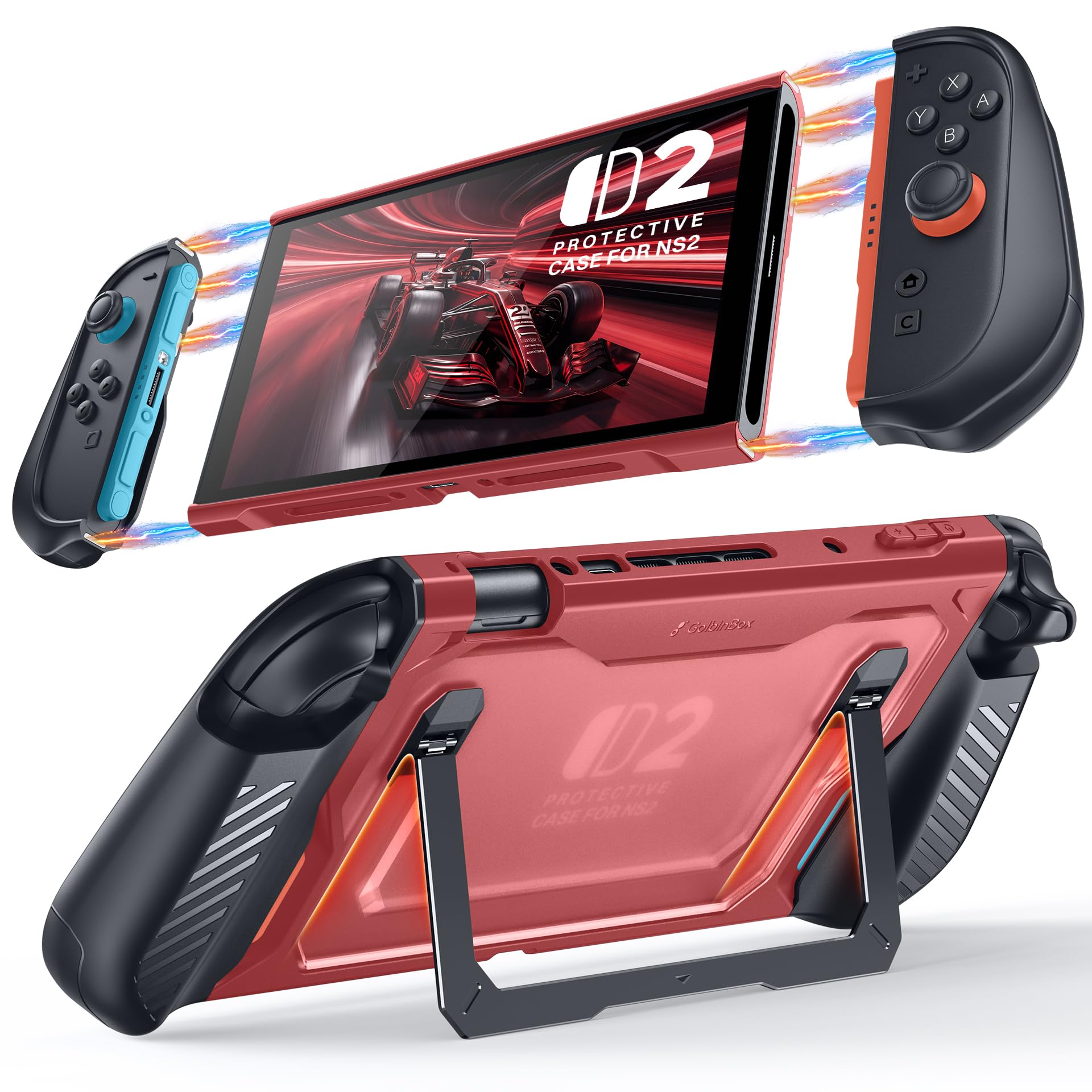 GolbinBox Hard Shell for Nintendo Switch 2 Grip Case with Kickstand, Red | Military-Grade Protection, Magnetic Joy-Con Covers, Built-in Stand, Ergonomic Grip, Switch 2 Protective Case Accessories