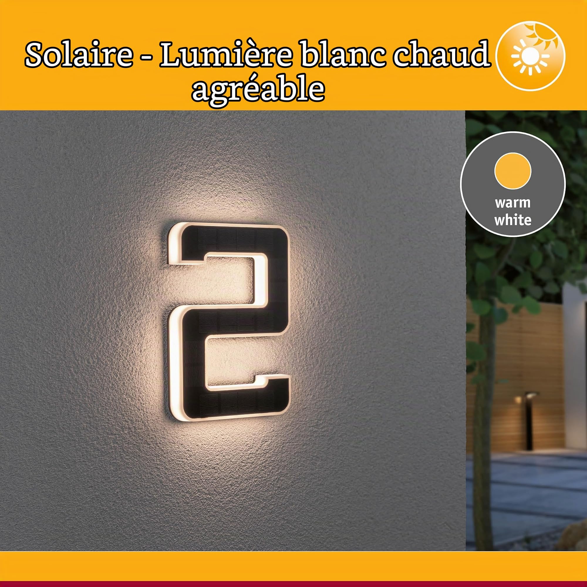 Paulmann 79843 LED numéro de maison 2 solaire IP44 Blanc chaud batterie remplaçable incl. 1x0,2 watts luminaire solaire noir, plastique 3000 K